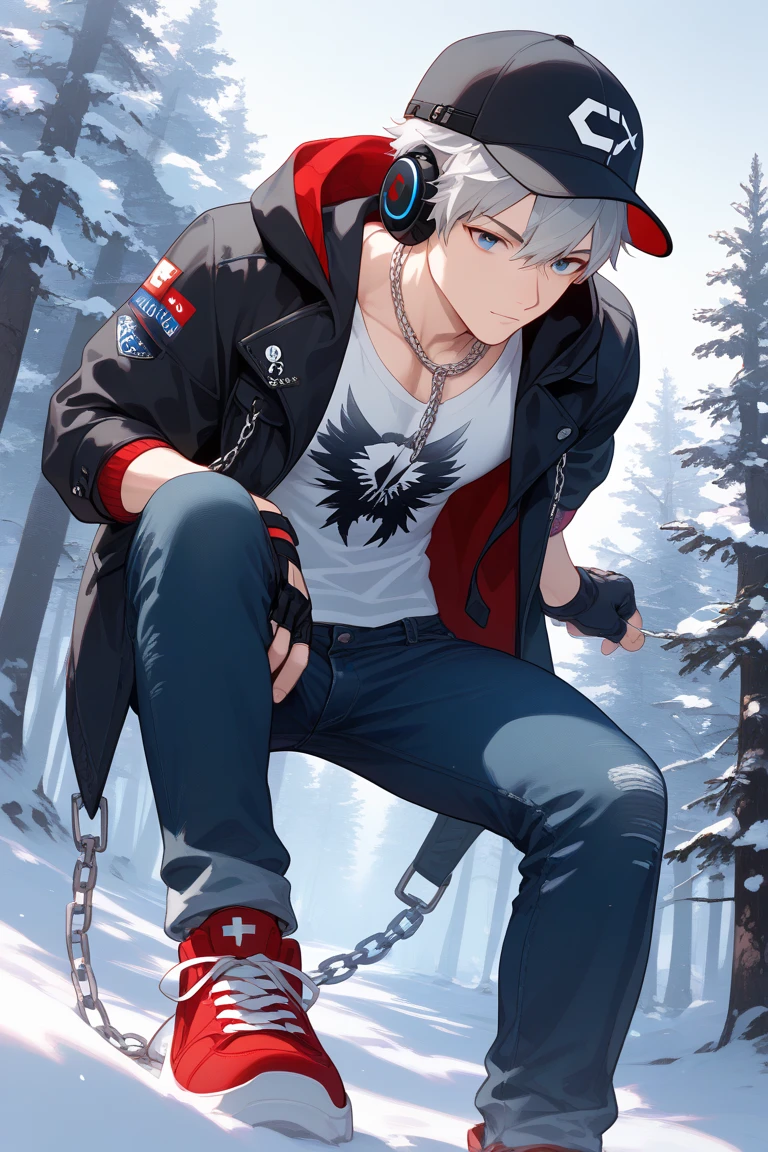 draw a boy with gray hair , a hooded sweater that is divided into three colors, negro, white and grey, a black cap with a white front , black headphones, black jeans con roturas, red sneakers with black , chains that cross on his back and chest , And that he is with shadow powers and then he draws a white-haired boy, a light blue t-shirt short sleeves , black hooded jacket that is open , black jeans, black and white , black gloves, that he is in a snowy forest and in one of his hands an icy power , And that both of them are back to back , and make it animated to the not-so-anime cartoon, and that the environment is divided in two , for the shadow boy let his environment be a world made of shadows and for the ice boy a snowy forest