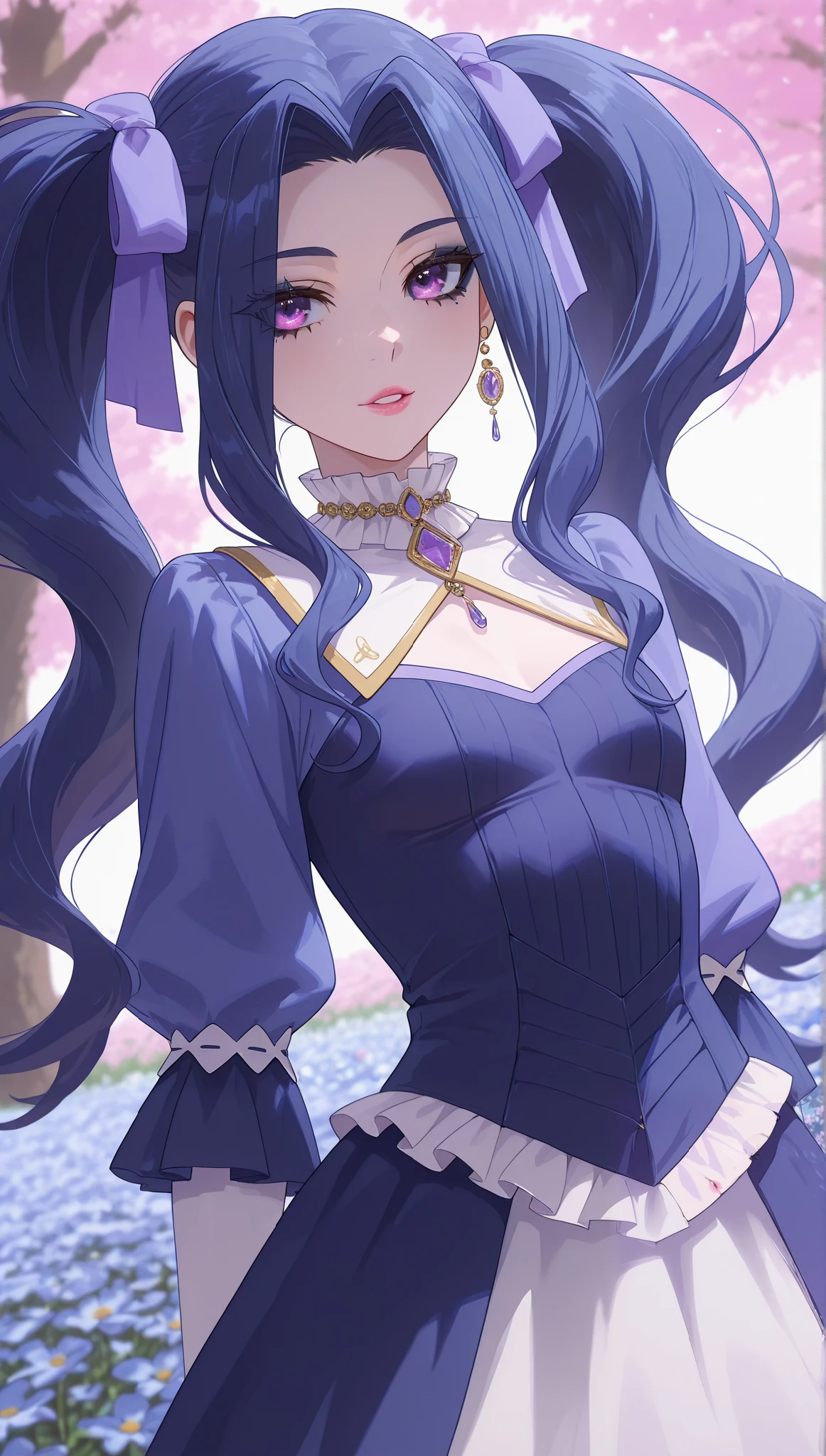 (masterpiece), (portrait), small breasts (aesthetics), ((1 female 21 years old)), Highlight earrings), ((hair tied with long pigtails)), ((Hot crystal dark blue hair, long pigtails, parted bangs)), ((Melty Q Melromarc)) straight hair, thin eyes open, ((purple eyes, cute, naughty, pink lips,lips parted , woman, feminine, beautiful, female features, top, high quality, aesthetic clothing, professional angle, (rule of thirds), (feminine), , (beautiful) , (female ) features), solo, (Korean attractive), summer, (ink haze), (afternoon), (vibrant light), seductive posture, ((face looking forward))), Melty Q Melromarc, breasts pressing into the fabric, long puffed sleeves, high white collar, predominantly dark blue dress, sensual ((Energy)), (Bold Makeup), (small Breasts), Fair Skin, (Clothes with Hip Hop Details), (a hot Melty Q Melromarc, sculptural body, sexy pose), (Sleep Neckline), Beautiful Hands, Body beautiful, beautiful ears, beautiful eyes, bright eyes, beautiful mouth, beautiful lips, flower field, tree