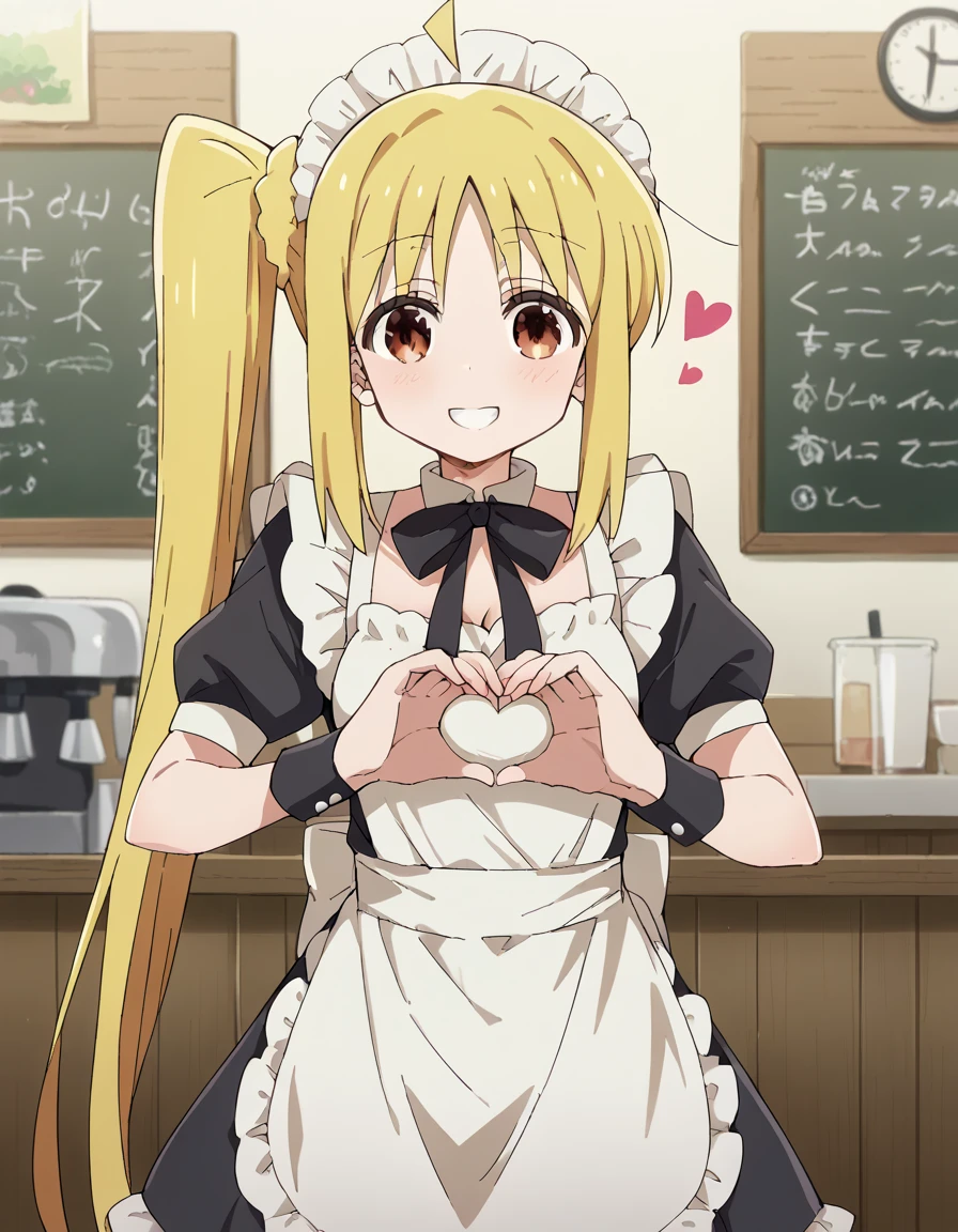 score_9, score_8_up, score_7_up, source_anime,  ,nijika ijichi, ahoge, yellow hair, brown eyes, long hair, side ponytail, , heart-shaped boob challenge, moe moe kyun! heart hands, enmaided, maid, maid headdress, apron, maid apron, ,, , , smile,, cowboy shot, indoor, cafe,