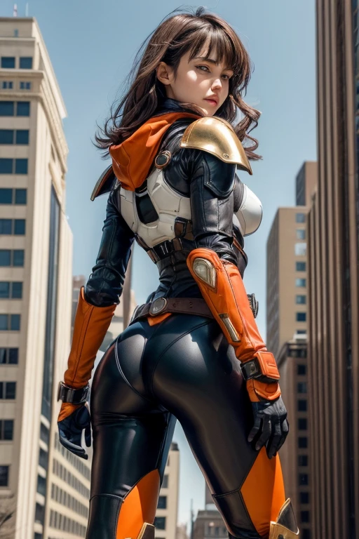 ((best quality)), ((masterpiece)), (detailed), 1 girl, looking back, showing her ass, young adult, purple eyes, serious face, long blue scarf, brown hair, long hair, wavy hair, bangs, brown collar, somewhat short, very thin, big googles, spikes on forearms, brown details, large brown leather gloves, brown wrist guards, small breasts, brown nanotech suit, light armor, white emblem in the chest, high shoulder pads, brown suit with orange stripes, orange stripes, triangular emblem on chest, very small breasts, blue emblem, brown pants, brown knee pads, metallic brown boots, metallic brown shoes, black superhero belt, standing on a building, city background, anime