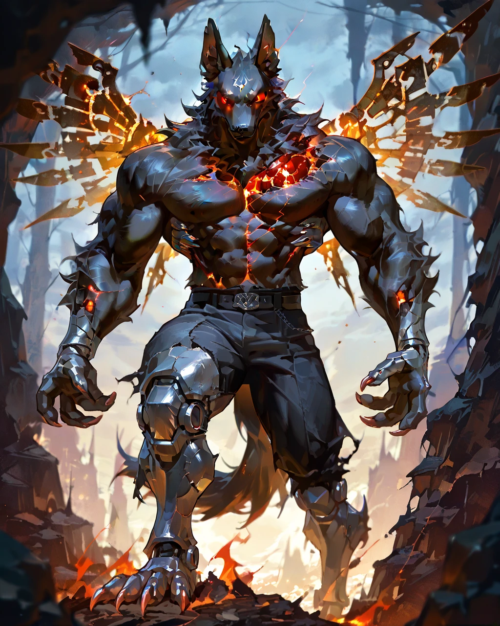 Best Quality, masterpiece, Ultra High Resolution, Detailed Background, (furry male), ( Black Cerberus furry ), metalic body, demonic, underground cave scenery, red glowing eyes, two pair of eyes, Anubis, muscle, (cracked abs:1.2, cracked arms:1.2), cracked chest, solo, male, infernal runes, with black fur, steel ribs, mechanical body, armored legs, metal claws, 4 robotic wings and claws, perfect proportion, good anatomy, perfect anatomy