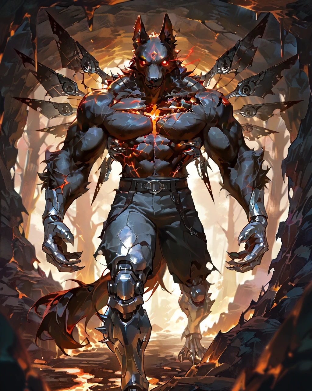 Best Quality, masterpiece, Ultra High Resolution, Detailed Background, (furry male), ( Black Cerberus furry ), metalic body, demonic, underground cave scenery, red glowing eyes, two pair of eyes, Anubis, muscle, (cracked abs:1.2, cracked arms:1.2), cracked chest, solo, male, infernal runes, with black fur, steel ribs, mechanical body, armored legs, metal claws, 4 robotic wings and claws, perfect proportion, good anatomy, perfect anatomy