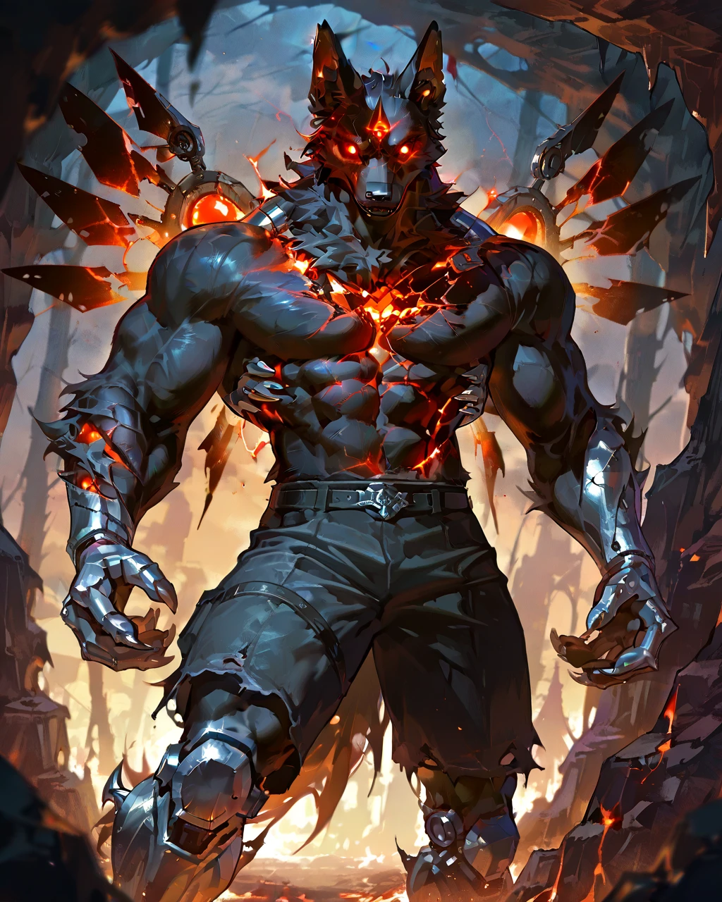 Best Quality, masterpiece, Ultra High Resolution, Detailed Background, (furry male), ( Black Cerberus furry ), metalic body, demonic, underground cave scenery, red glowing eyes, two pair of eyes, Anubis, muscle, (cracked abs:1.2, cracked arms:1.2), cracked chest, solo, male, infernal runes, with black fur, steel ribs, mechanical body, armored legs, metal claws, 4 robotic wings and claws, perfect proportion, good anatomy, perfect anatomy