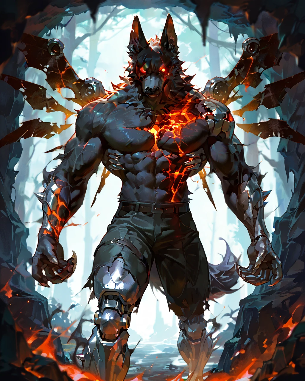 Best Quality, masterpiece, Ultra High Resolution, Detailed Background, (furry male), ( Black Cerberus furry ), metalic body, demonic, underground cave scenery, red glowing eyes, two pair of eyes, Anubis, muscle, (cracked abs:1.2, cracked arms:1.2), cracked chest, solo, male, infernal runes, with black fur, steel ribs, mechanical body, armored legs, metal claws, 4 robotic wings and claws, perfect proportion, good anatomy, perfect anatomy