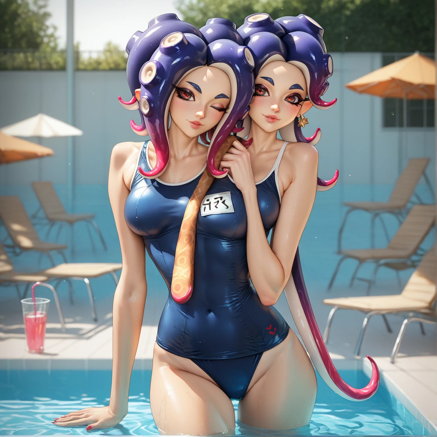 Swimming Lessons,PH Momo, momohd, phmomo, Solo, 1girl in,  Pink hair, Purple eyes, Short hair, Hair Flower, Wear a student swimsuit, Big eyes, embarrassed,