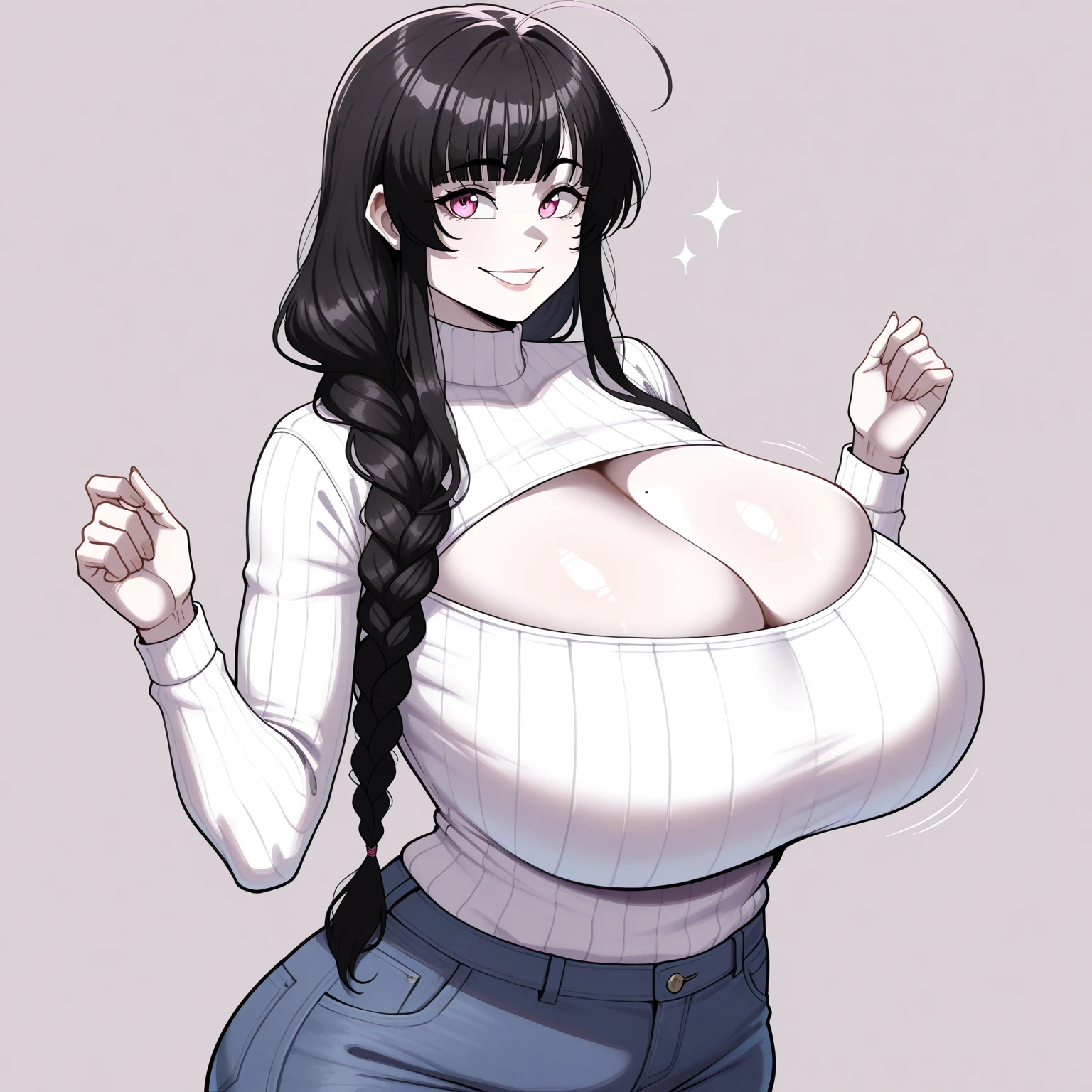 score_9, score_8_up, score_7_up, 1girl, black hair, pink eyes, long hair, braided ponytail, bangs, sidelocks, pale skin, huge breasts, wide hips, open-chest sweater, ribbed sweater, jeans, smile, unaestheticXL_bp5, aidxlv05_neg, (SuperQuality:1.2), (negative_v2 Color_Balance_Calibration:0.8)
