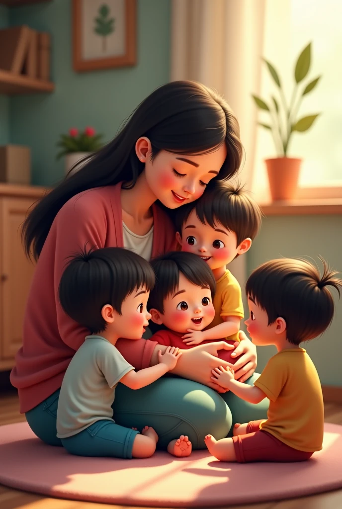 digital hand drawn art of several happy children and a woman in the middle of them taking care of a classroom with no background
