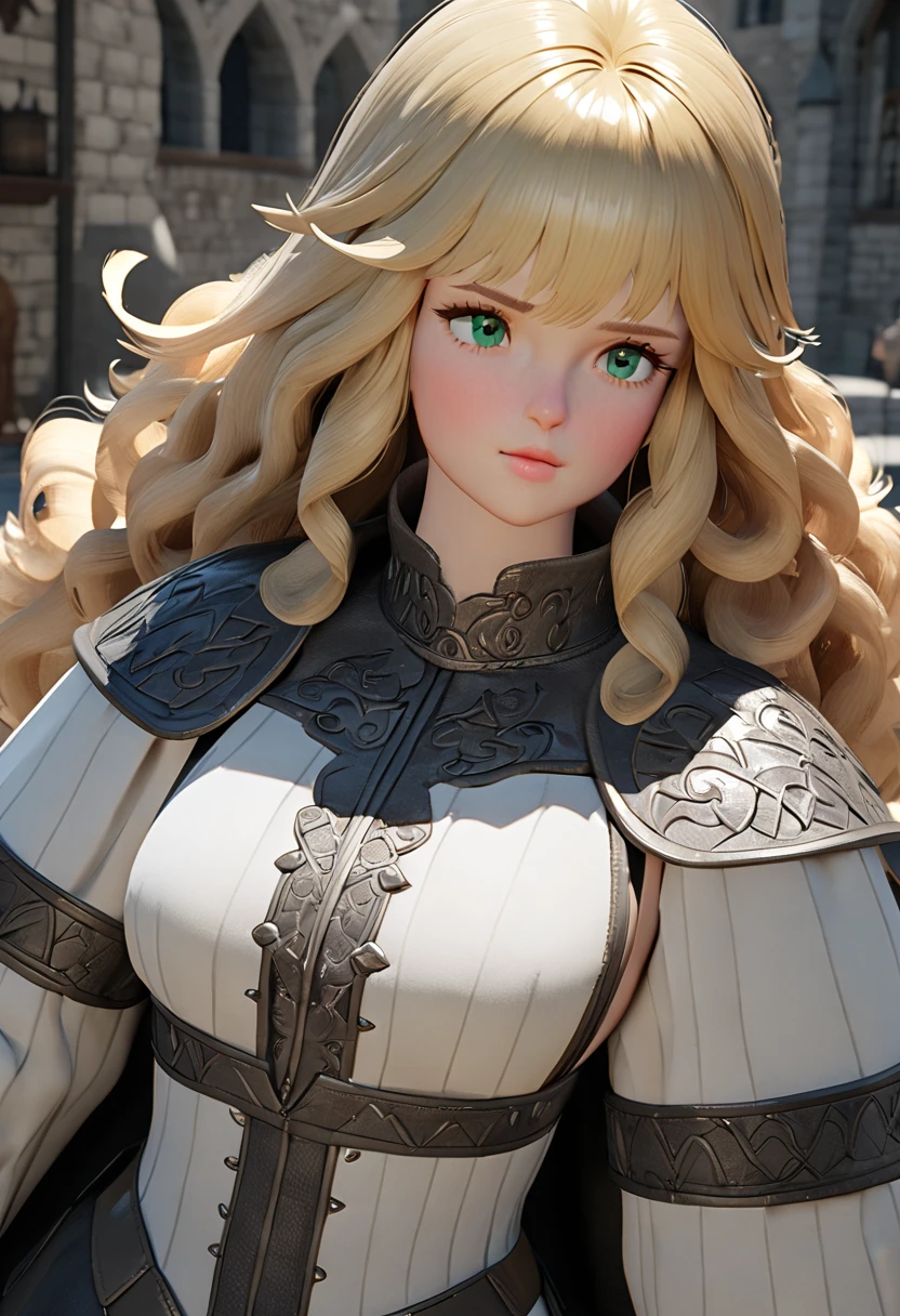  One Girl , Masterpiece,  top quality, 8k,  Detailed Skin Textures,  detailed cloth texture,  beautiful detailed face,  intricate details,  ultra detail ,  European style girl,  green eyes, Blonde Curly Hair】,  3D character ,  medieval knight 