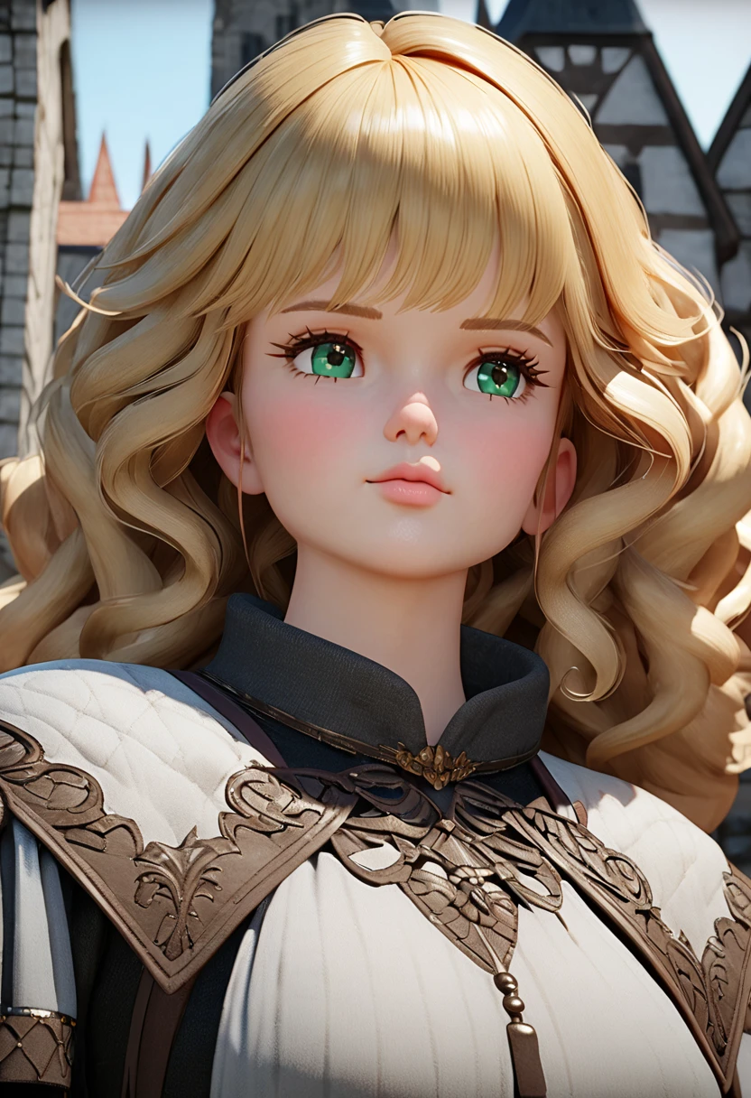  One Girl , Masterpiece,  top quality, 8k,  Detailed Skin Textures,  detailed cloth texture,  beautiful detailed face,  intricate details,  ultra detail ,  European style girl,  green eyes, Blonde Curly Hair】,  3D character ,  medieval knight 