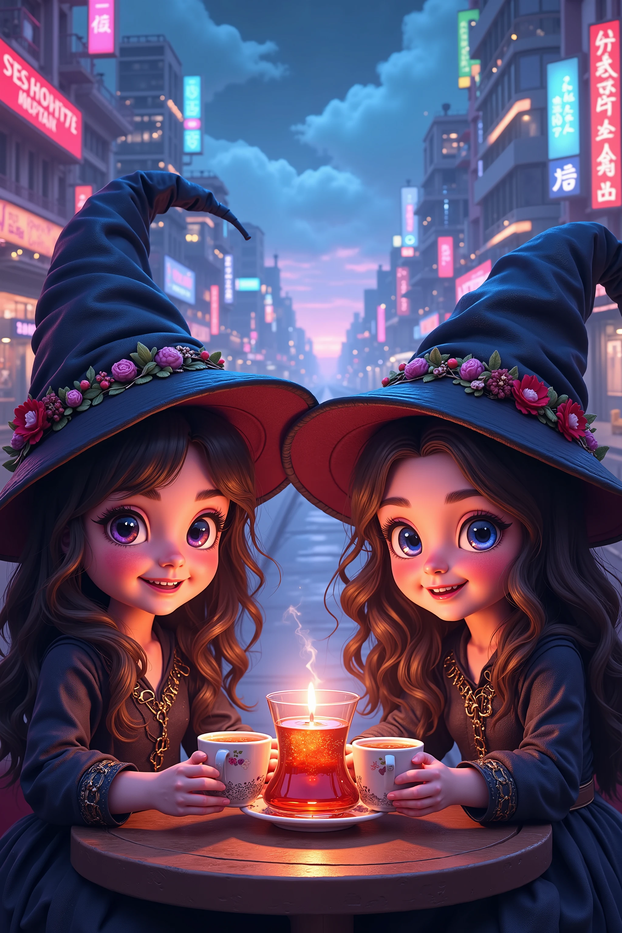 Masterpiece, best quality, wizard tea , magic tea , magic, chibi, handsome witches, highly detailed realistic eyes, happy, vibrant, colourful, ultra detailed skin with pores, wind, horizon, sharp light and shadows, neon lights. sci-fi, cyberpunk, cityscape, panorama, ray tracing, DSLR, UHD, 8k, photorealistic, masterpiece, award-winning