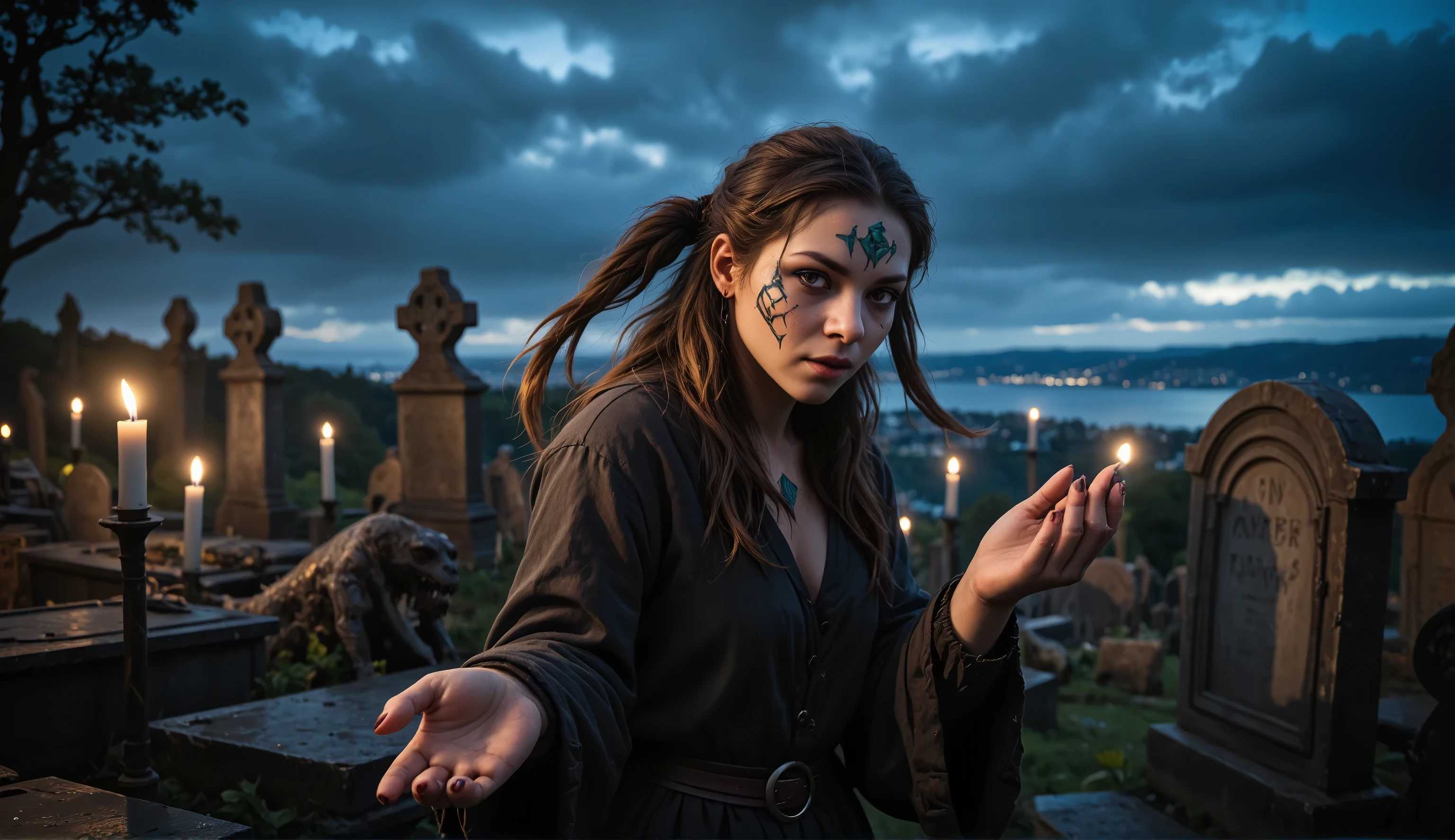 A bewitching scene unfolds: a female wizard, adorned with intricate Wiccan makeup, stands amidst a cemetery's crumbling headstones. Candles flicker, casting sharp shadows on the grave markers as moonlight casts an eerie glow. The air is thick with ethereal mist, and in the distance, the horizon stretches, a gradient of darkness punctuated by a distant cityscape's twinkling lights. DEVIL SPAWN, a snarling beast, rears up, its twisted form illuminated by the wizard's spellbound hands. Shot framed from a low angle, capturing the wizard's powerful stance and the beast's malevolent intensity. Nighttime cinematography at its finest, with photorealistic detail, UHD quality, and a cinematic flair that would earn an award for visual mastery.