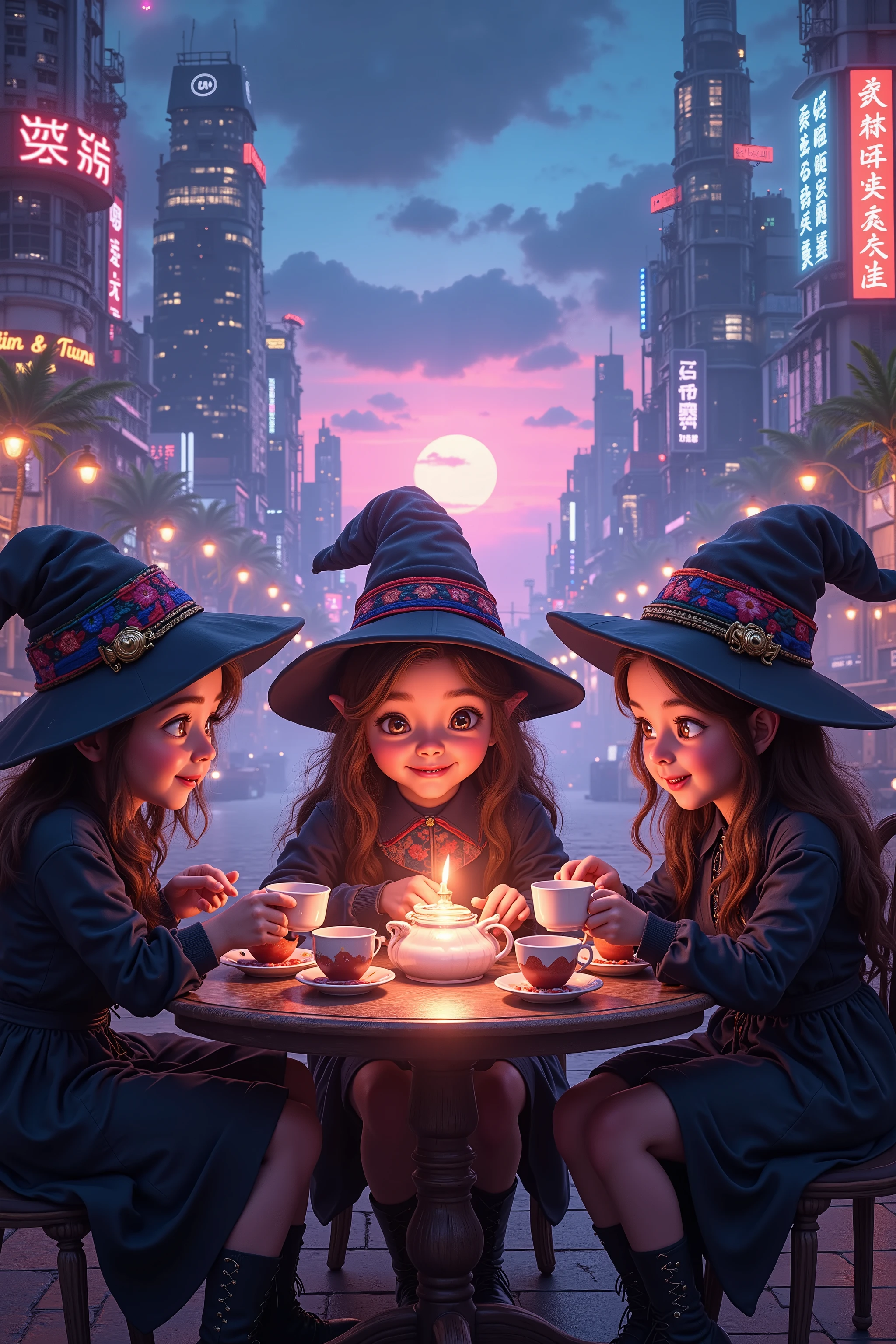 wizard tea , magic tea , magic, chibi, handsome witches, highly detailed realistic eyes, happy, vibrant, colourful, ultra detailed skin with pores, wind, horizon, sharp light and shadows, neon lights. sci-fi, cyberpunk, cityscape, panorama, ray tracing, DSLR, UHD, 8k, photorealistic, masterpiece, award-winning