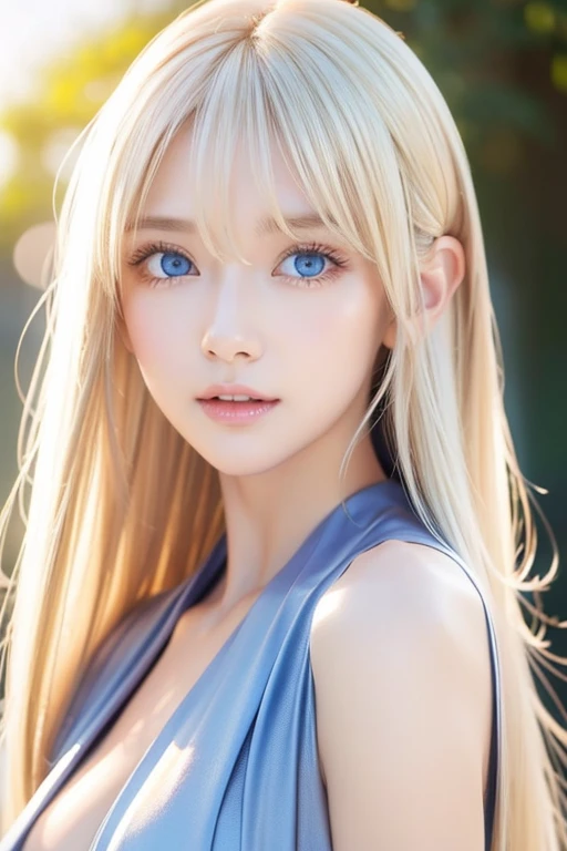 Mastepiece, Best Quality, Illustration, Super detailed, Fine details, High resolution, 8K Denden Wallpaper, Perfect dynamic composition, Beautiful detailed bright sparkling pale sky blue eyes, Women's Fashion Summer,Super long platinum blonde hair、Bangs between the eyes、,Big Breasts、Natural color lip, Bold sexy pose,A shy smile,Cute、20 year old girl、Small Face Girl、Sexy shot looking at the camera、Cheek highlighter