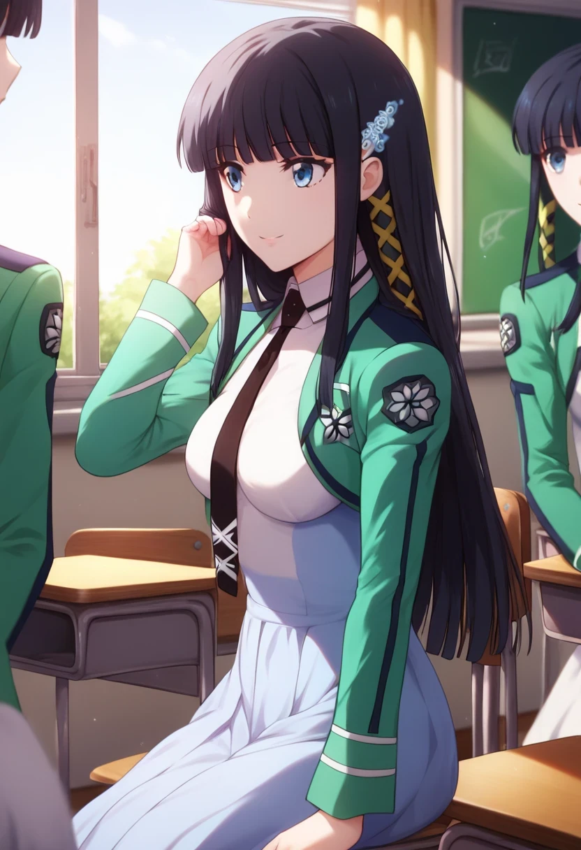 (masterpiece), (Best quality), (Very detailed), (high resolution), (8Khighres), (cel anime), (detailed beautiful face and eyes), (textile shading), (cowboy shot), (classroom), (miyuki shiba), long hair, blue eyes, black hair, hair ornament, ribbon, hair ribbon, snowflake hair ornament, bangs, blunt bangs, long sleeves, (dress), school uniform, pantyhose, necktie, white dress, black necktie, medium breasts, beautiful breasts, walking, smile, sitting, chair, happy, smile, hand in own hair, from side,,