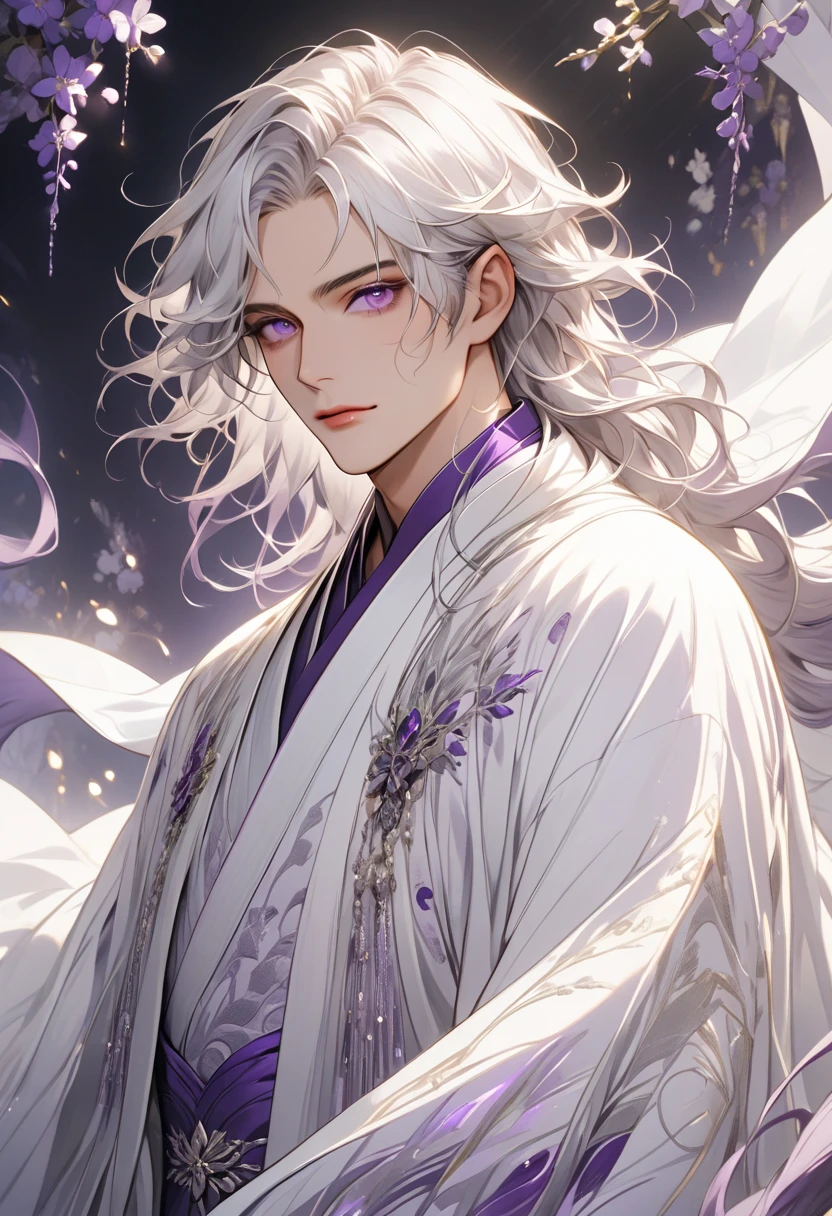 A effeminate man, long, flowing silver-white hair, They possess delicate features and violet eyes that exude elegance and subtle seduction, Refined presence, Flowing purple and silver robe with intricate embroidery, Shimmering and shining attire
