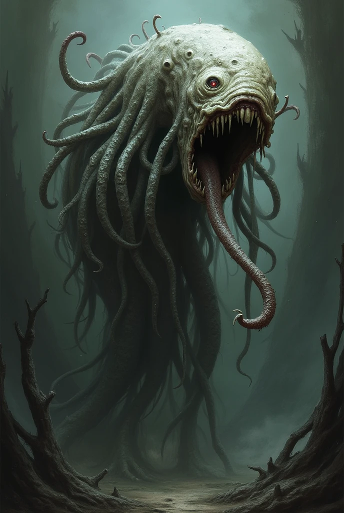 Create a massive, unsettling creature covered in countless writhing tentacles. The creature’s body is an amorphous, pulsating mass, with thick, slimy tendrils extending in all directions. Each tentacle is of varying length and thickness, some ending in sharp, barbed tips while others are lined with suction cups that seem to grasp at the air, as if searching for something to ensnare.
The creature’s surface is slick and wet, reflecting light in a way that makes it appear even more alien and disturbing. The tentacles move with a sinister, almost hypnotic rhythm, undulating in a way that suggests a malevolent intelligence behind their movements. The creature’s form is both mesmerizing and horrifying, invoking a deep sense of dread and unease.
The background should amplify the creature’s ominous presence, perhaps depicting it emerging from the dark depths of the ocean or slithering through a shadowy, mist-covered forest. The environment is dimly lit, with the creature’s form partially obscured by darkness, adding to the sense of mystery and terror. This scene should evoke the primal fear of the unknown, as the creature’s numerous tentacles seem to reach out from the shadows, ready to ensnare anything that comes too close.