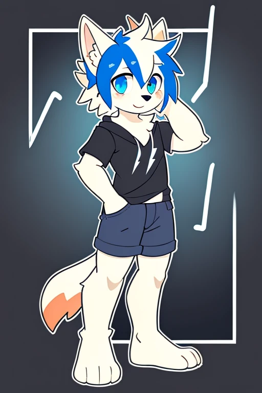 White Wolf,boy,individual,blue eyes,All white,Shirtless,Distressed black swimming trunks,smooth fur,Standing,shy