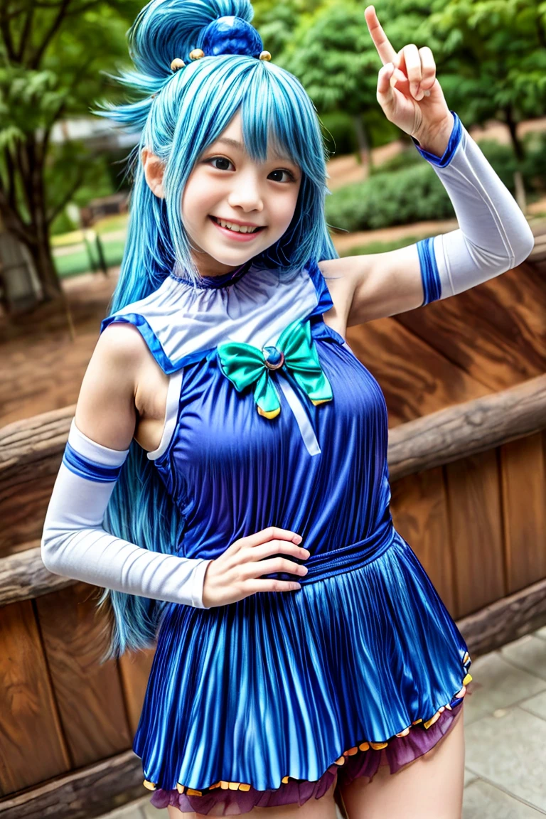   ((Transcendental cute 6th grader))  , (smile),  ((" blessings to this wonderful world！"Aqua-san's cosplay))、(( anatomically accurate ))、(((Transcendental cute middle school girl)))