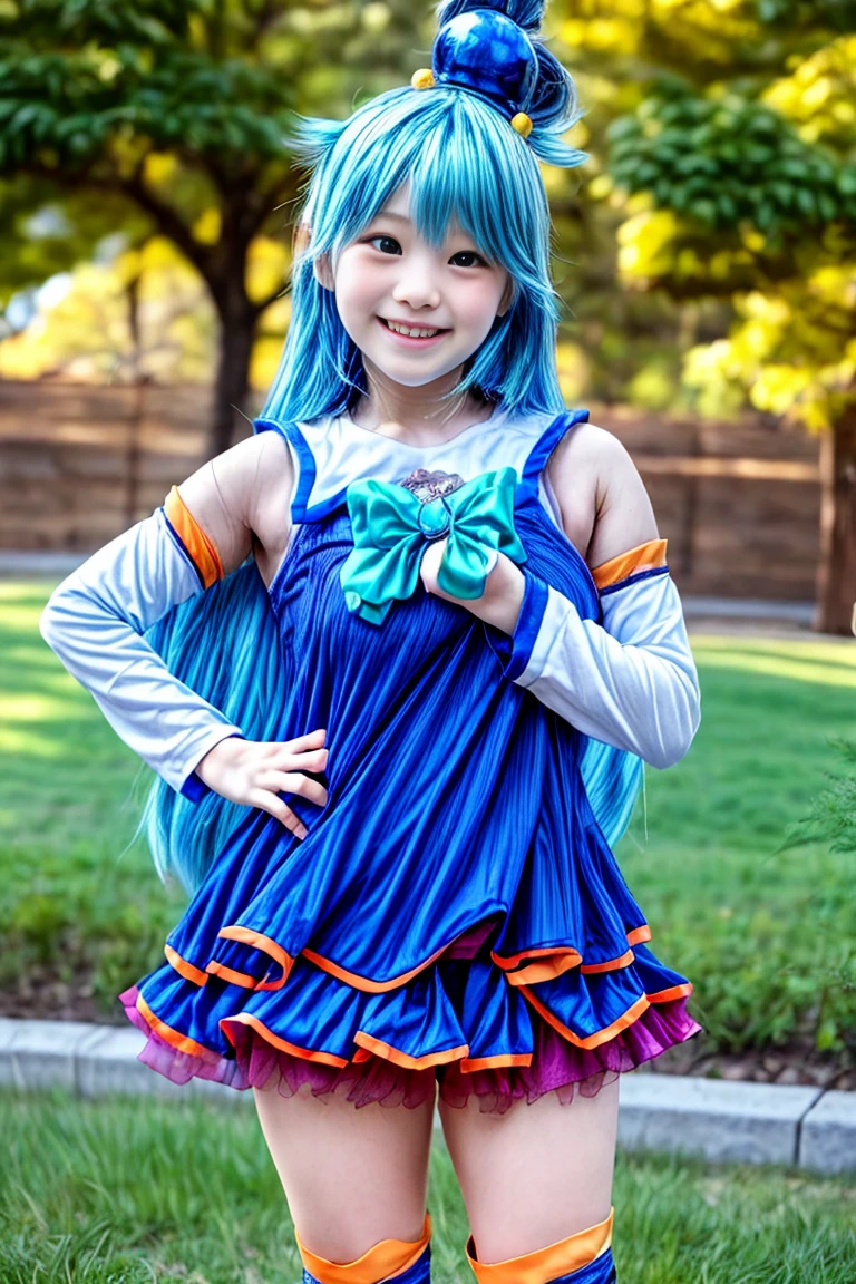   ((Transcendental cute 6th grader))  , (smile),  ((" blessings to this wonderful world！"Aqua-san's cosplay))、(( anatomically accurate ))、(((Transcendental cute middle school girl)))