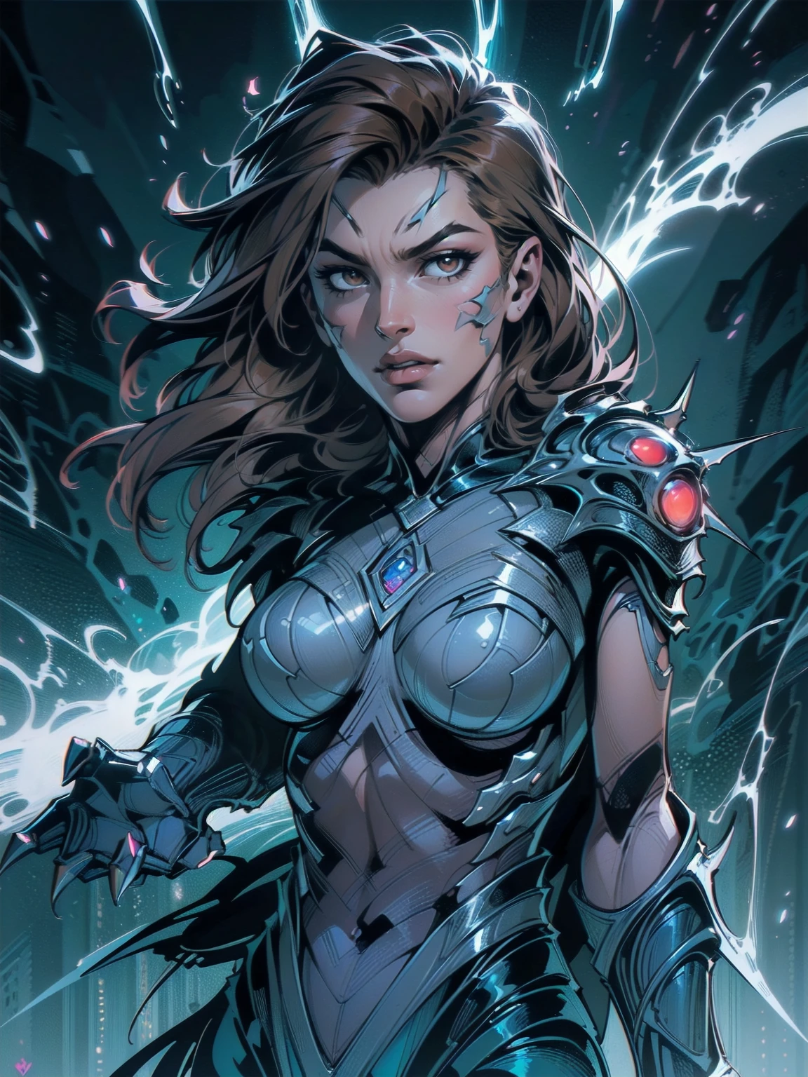 A dynamic and powerful depiction of a female warrior inspired by the Witchblade aesthetic. She has long flowing brown hair and wears an intricate, organic armor that fuses with her skin, glowing with mystical energy. Her pose is confident and commanding, showcasing her supernatural gauntlet-like weapon, which extends into sharp, otherworldly claws. The armor is adorned with sharp edges, bio-mechanical designs, and glowing patterns, emphasizing both elegance and menace. Her eyes glow faintly, hinting at her immense power. The background is stark white, allowing every detail of her form and armor to stand out clearly, creating a striking contrast. upper body