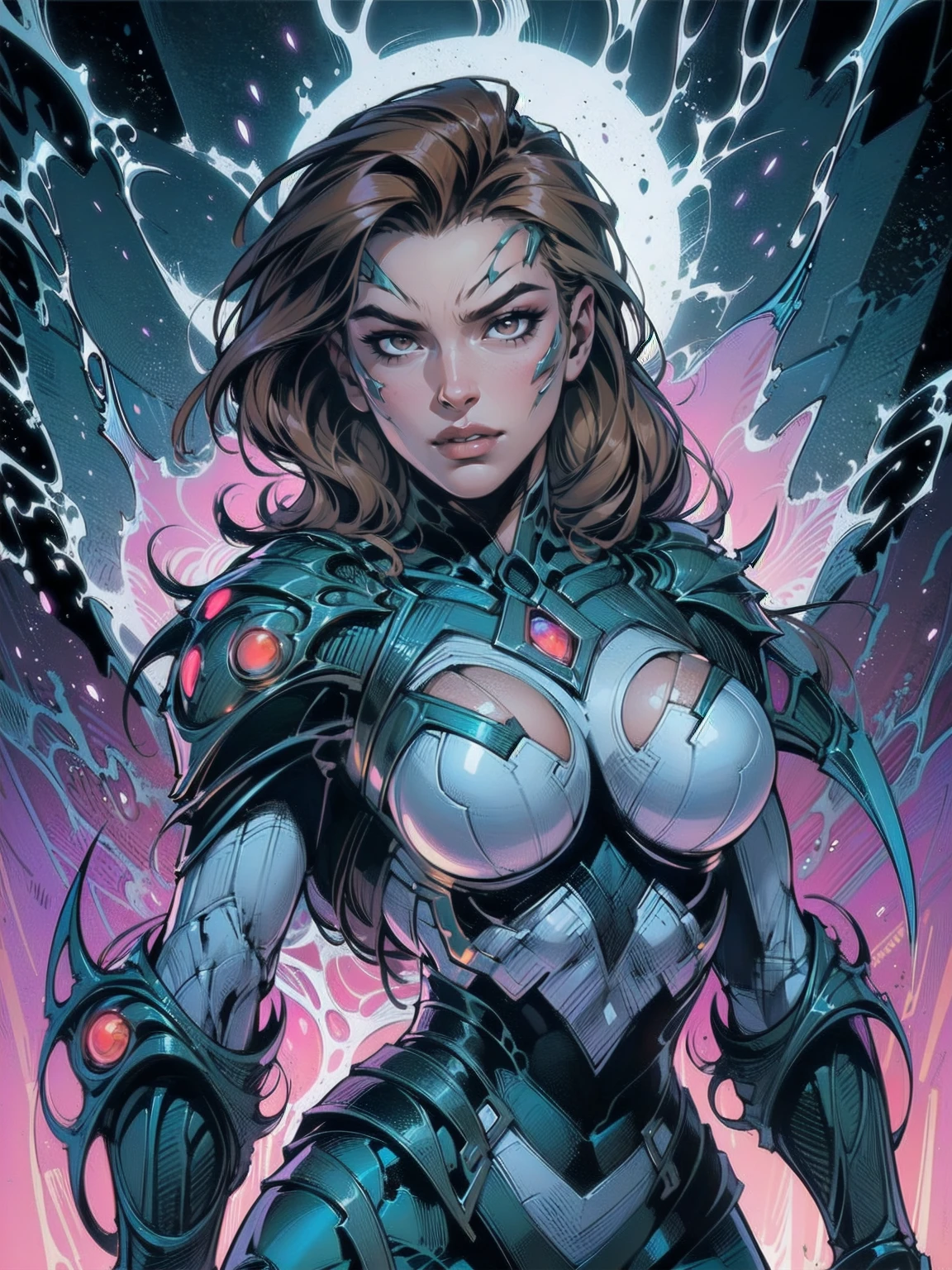 A dynamic and powerful depiction of a female warrior inspired by the Witchblade aesthetic. She has long flowing brown hair and wears an intricate, organic armor that fuses with her skin, glowing with mystical energy. Her pose is confident and commanding, showcasing her supernatural gauntlet-like weapon, which extends into sharp, otherworldly claws. The armor is adorned with sharp edges, bio-mechanical designs, and glowing patterns, emphasizing both elegance and menace. Her eyes glow faintly, hinting at her immense power. The background is stark white, allowing every detail of her form and armor to stand out clearly, creating a striking contrast. upper body