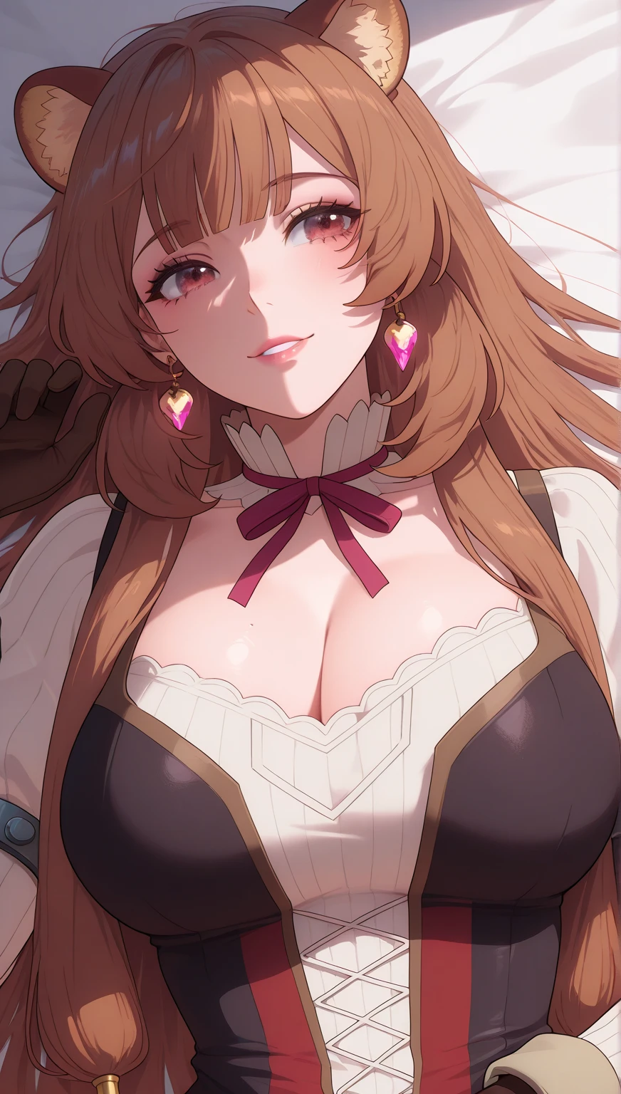 (masterpiece), (portrait), big breasts (aesthetics), ((1 female 21 years old, raccoon-girl)), Highlight earrings), ((long hair)), ((Hot crystal brown hair)), ((Raphtalia)) straight hair, thin eyes open, brown eyes, cute, naughty, cute smile, woman, feminine, beautiful, female features, top, high quality, aesthetic clothing, professional angle, (rule of thirds), (feminine), , (beautiful) , (female ) features), solo, (Korean attractive), summer, (ink haze), (afternoon), (vibrant light), seductive posture, ((face looking forward))), Raphtalia,  dress with long puffy sleeves, brown and red, metallic details on the clothes, gloves, sensual ((Energy)), (Bold Makeup), (Big Breasts), Fair Skin, (Clothes with Hip Hop Details), (a hot Raphtalia, sculptural body, sexy pose), (Sleep Neckline), Beautiful Hands, Body beautiful, beautiful ears, beautiful eyes, bright eyes, beautiful mouth, beautiful lips, on the bed all shy, lying down