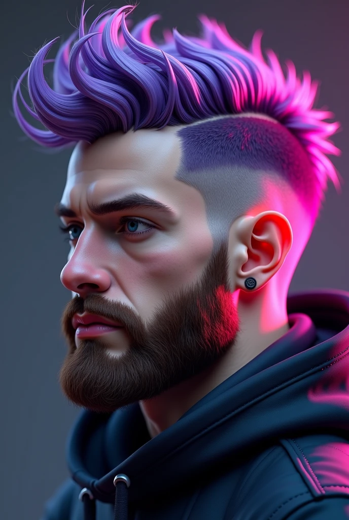 masterpiece, best quality, high resolution, closeup portrait, male focus, solo focus, muscular, burly, hairy, male, (no shirt: 1.2), A handsome man, white and blue gradient hair, in a cyberpunk city, neon lights, blurred background, scruffy face, arrogant smirk, amazing composition, front view, HDR, volumetric lighting, ultra quality, elegant, highly detailed