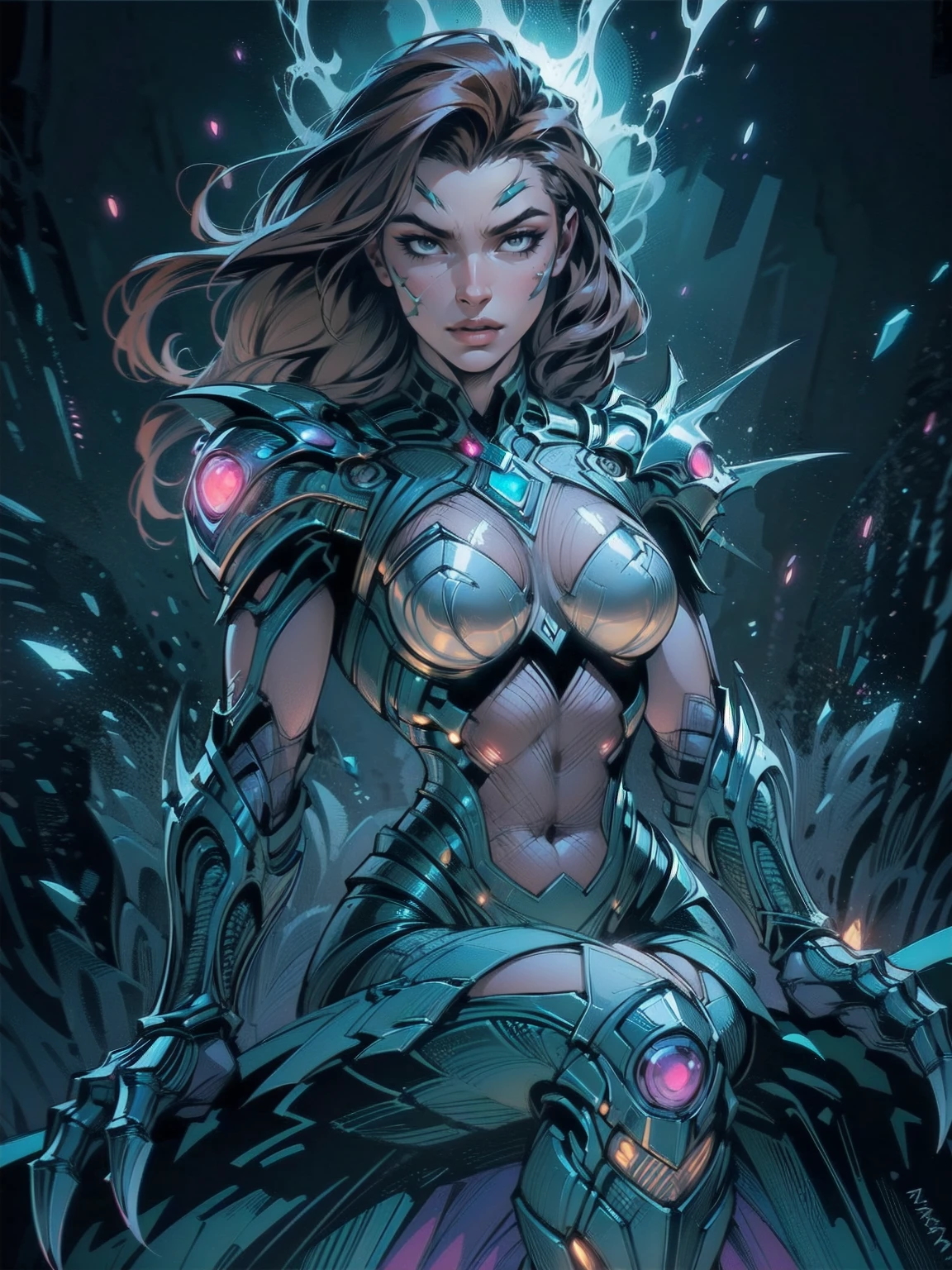 A dynamic and powerful depiction of a female warrior inspired by the Witchblade aesthetic. She has long flowing brown hair and wears an intricate, organic armor that fuses with her skin, glowing with mystical energy. Her pose is confident and commanding, showcasing her supernatural gauntlet-like weapon, which extends into sharp, otherworldly claws. The armor is adorned with sharp edges, bio-mechanical designs, and glowing patterns, emphasizing both elegance and menace. Her eyes glow faintly, hinting at her immense power. The background is stark white, allowing every detail of her form and armor to stand out clearly, creating a striking contrast. upper body, sitting