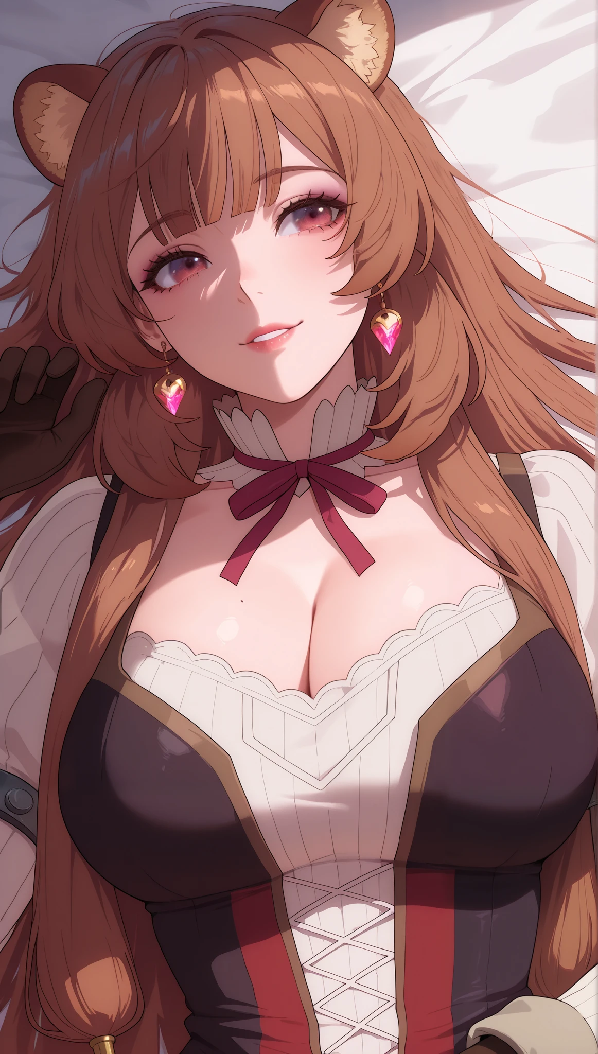 (masterpiece), (portrait), big breasts (aesthetics), ((1 female 21 years old, raccoon-girl)), Highlight earrings), ((long hair)), ((Hot crystal brown hair)), ((Raphtalia)) straight hair, thin eyes open, brown eyes, cute, naughty, cute smile, woman, feminine, beautiful, female features, top, high quality, aesthetic clothing, professional angle, (rule of thirds), (feminine), , (beautiful) , (female ) features), solo, (Korean attractive), summer, (ink haze), (afternoon), (vibrant light), seductive posture, ((face looking forward))), Raphtalia,  dress with long puffy sleeves, brown and red, metallic details on the clothes, gloves, sensual ((Energy)), (Bold Makeup), (Big Breasts), Fair Skin, (Clothes with Hip Hop Details), (a hot Raphtalia, sculptural body, sexy pose), (Sleep Neckline), Beautiful Hands, Body beautiful, beautiful ears, beautiful eyes, bright eyes, beautiful mouth, beautiful lips, on the bed all shy, lying down