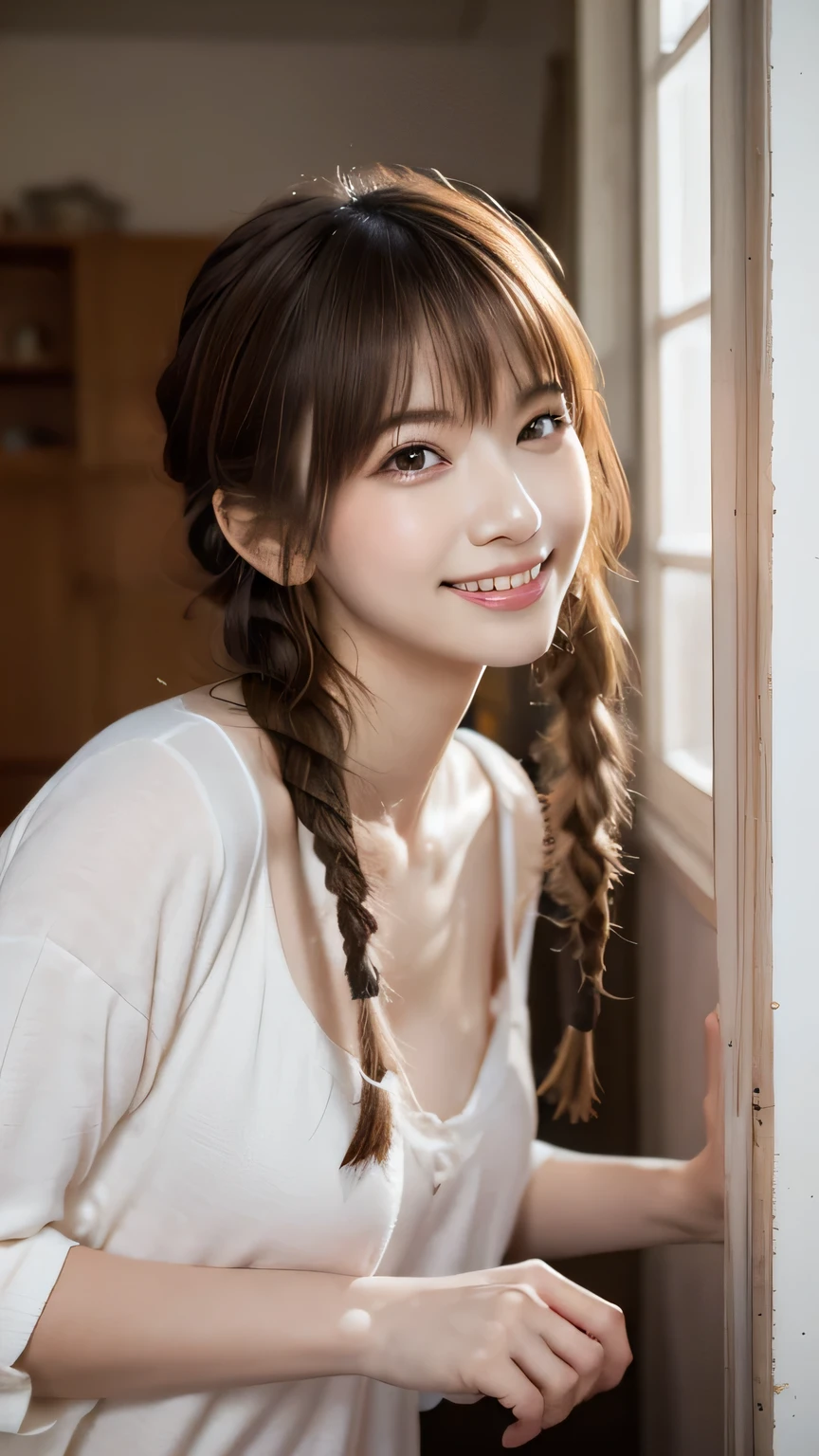Highest quality, masterpiece, Ultra-high resolution,8K, (Realistic:1.6), (Close-up portrait:1.4) RAW Photos, ((Fashion in white tones)),((Up Facial)),girl,(Full of smiles, Showing teeth)), 22 years old,((Random Hairstyles)),((Looking up at the audience)),Face Focus:1.4,((Shooting from above with a fisheye lens:1.4)),