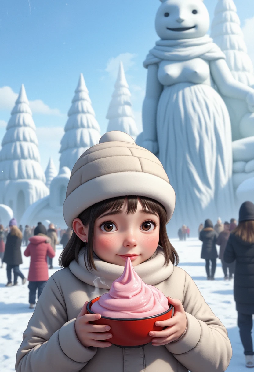 top quality、 high definition、( HD:1.2)、masterpiece、 detailed background、Realistic、 RAW photos 、
Under the cold sky、 A snow festival venue where clear winter air spreads 、 contains sweet, warm shiruko, and when you lift it gently with chopsticks, it stretches softly 、 echoed, and the sound of bells and laughter heard from afar colored the bustle of the festival 、
A small bowl of steam in her hands 、 and the sound of wool that was staring up at that scene Petite with a deep hat The girl 、
The giant snow and ice statues that tower over the silver world shines mysteriously in response to the pale light up {x} When you take a bite while slightly puffing up her cheeks that have turned red due to the cold, a smile spills over her face、
People enjoying snow sculptures 々 The rustle of 、
She stared at the soup powder rising again 、Breathing out 、
The warmth seemed to slowly seep through her cold fingertips and heart 、 cute
