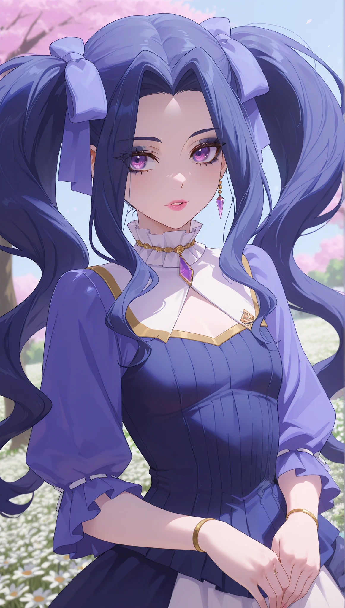 (masterpiece), (portrait), small breasts (aesthetics), ((1 female 21 years old)), Highlight earrings), ((hair tied with long pigtails)), ((Hot crystal dark blue hair, long pigtails, parted bangs)), ((Melty Q Melromarc)) straight hair, thin eyes open, ((purple eyes, cute, naughty, pink lips,lips parted , woman, feminine, beautiful, female features, top, high quality, aesthetic clothing, professional angle, (rule of thirds), (feminine), , (beautiful) , (female ) features), solo, (Korean attractive), summer, (ink haze), (afternoon), (vibrant light), seductive posture, ((face looking forward))), Melty Q Melromarc, breasts pressing into the fabric, long puffed sleeves, high white collar, predominantly dark blue dress, sensual ((Energy)), (Bold Makeup), (small Breasts), Fair Skin, (Clothes with Hip Hop Details), (a hot Melty Q Melromarc, sculptural body, sexy pose), (Sleep Neckline), Beautiful Hands, Body beautiful, beautiful ears, beautiful eyes, bright eyes, beautiful mouth, beautiful lips, flower field, tree