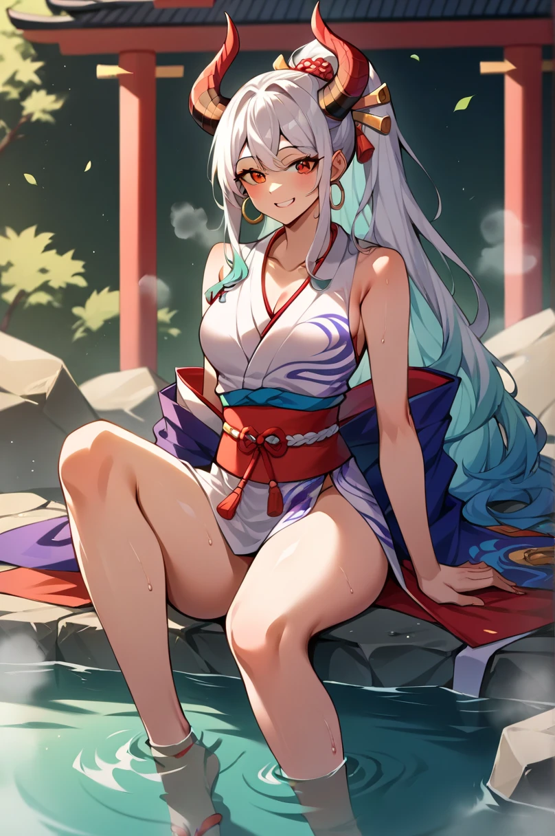 white-haire,Fine hair,Reddish purple,grey-eyed,length hair,Lake,,Look at viewers,,coldgaze,messyfloatingfhair,Kimono with white,fully body photo,White stockings