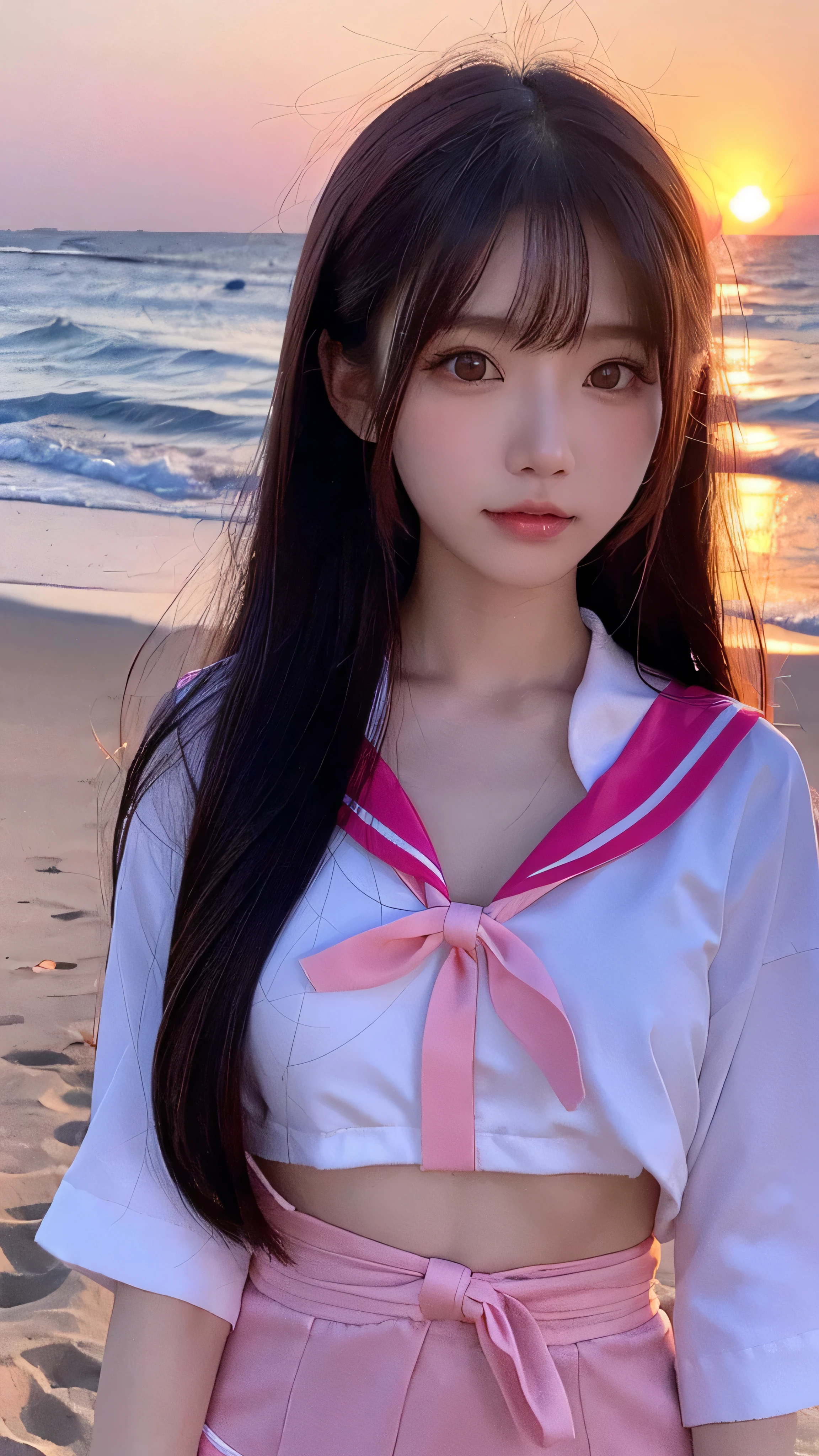  high-definition picture ，  Japanese woman who likes idols ,  long hair ,  Straight Hair , Round face ,  face details ,  pink sailor suit   ,  As shown in the picture  , Golden sand beach at sunset  