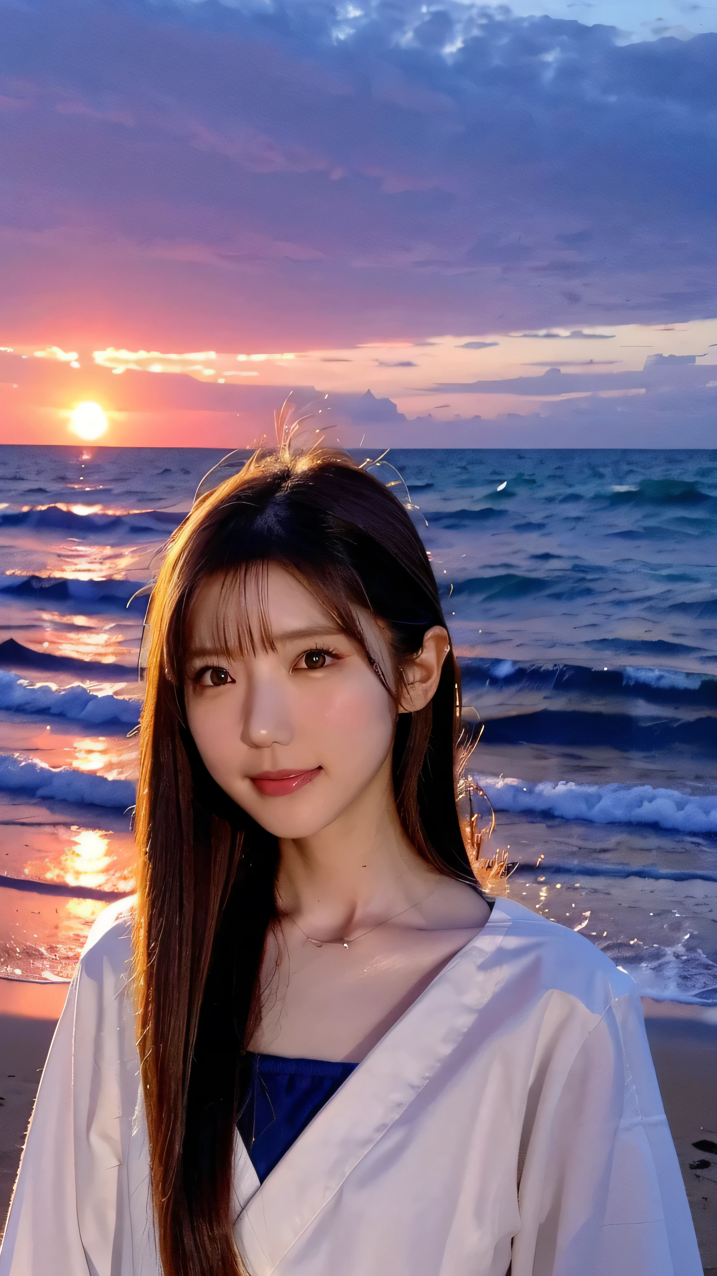  high-definition picture ，  Japanese woman who likes idols ,  long hair ,  Straight Hair , Round face ,  face details ,  pink sailor suit   ,  As shown in the picture  , Golden sand beach at sunset  