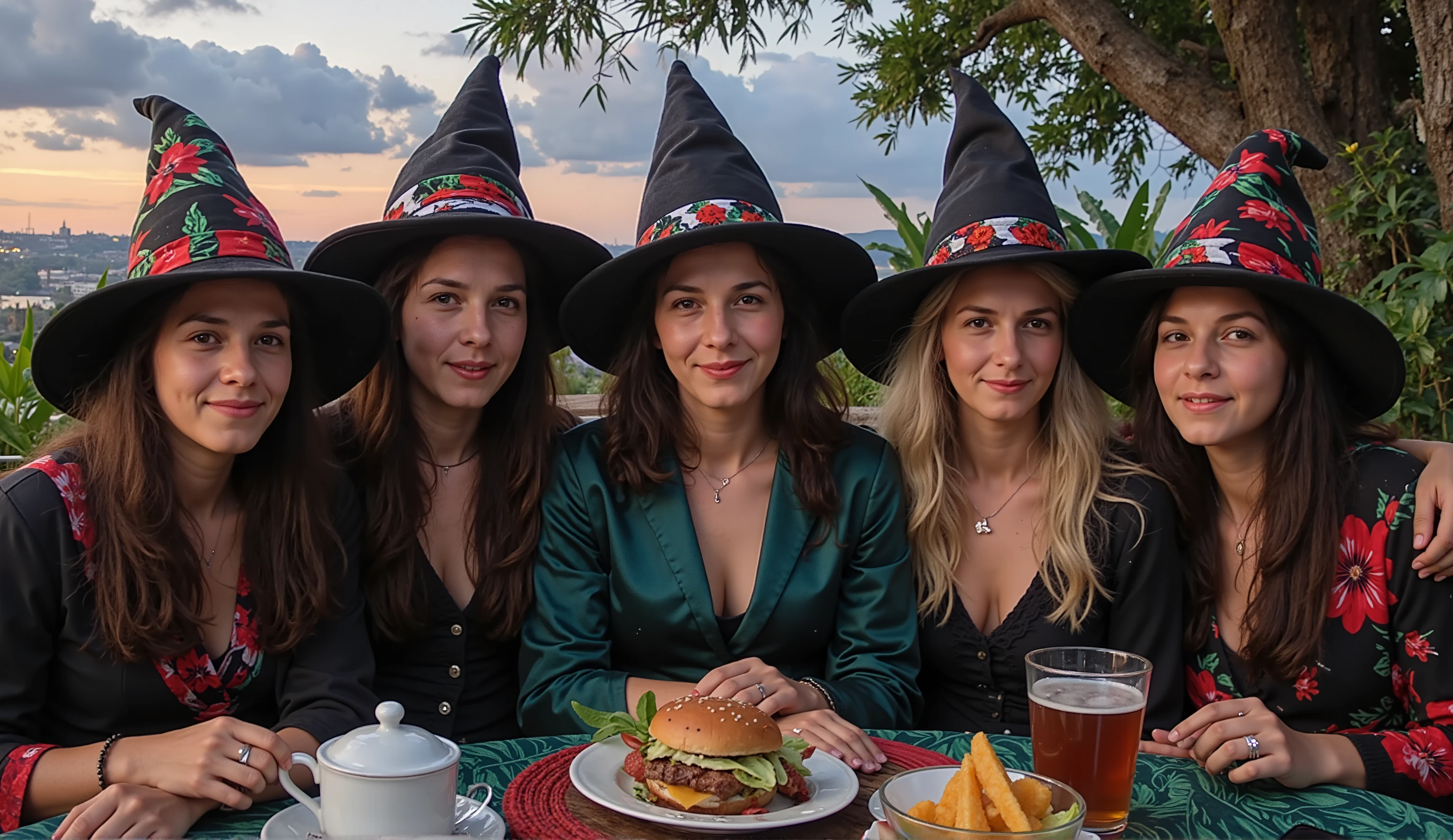 wizard tea, magic tea, magical, five handsome witches, highly detailed realistic eyes, perfect hands, makeup, lipstick, happy, vibrant, colourful, ultra detailed skin with pores, beautiful mystical garden, wind, horizon, sharp light and shadows, neon lights, sci-fi, cyberpunk, cityscape, panorama, ray tracing, DSLR, UHD, 8k, photorealistic, masterpiece, award-winning