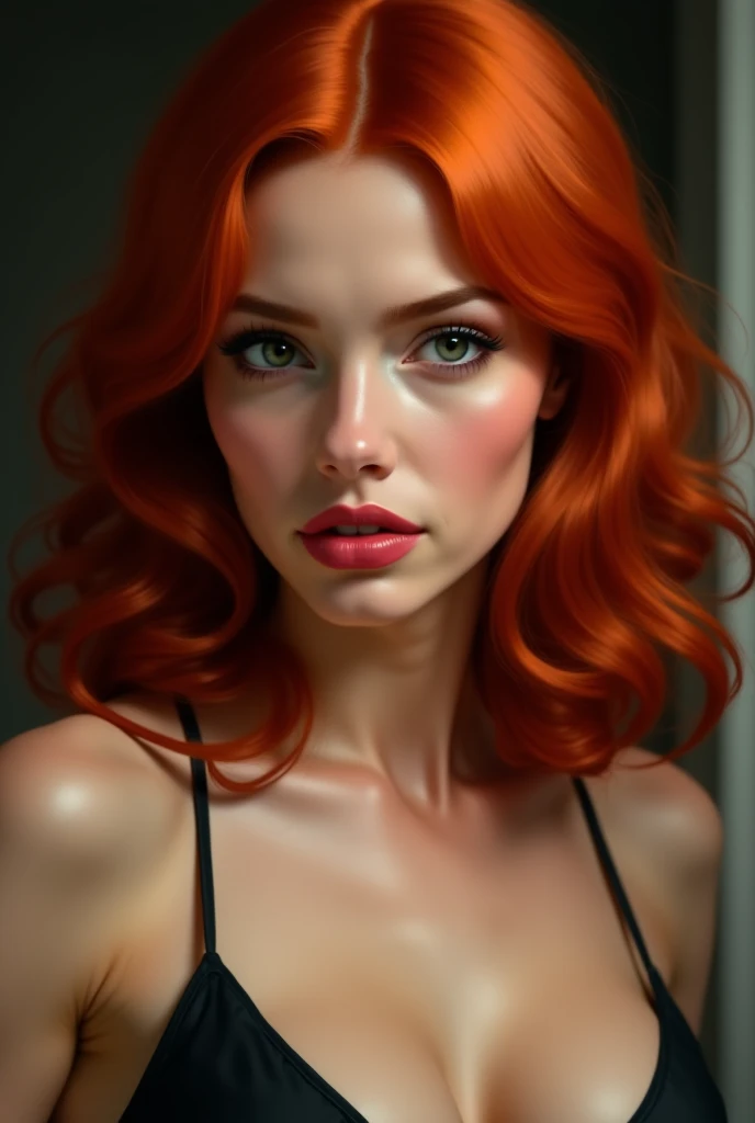 best quality, ultra res, photorealistic, intricate details, solo portrait,1girl as jess nigri, ginger hair, perfect face, face detail, medium short hair