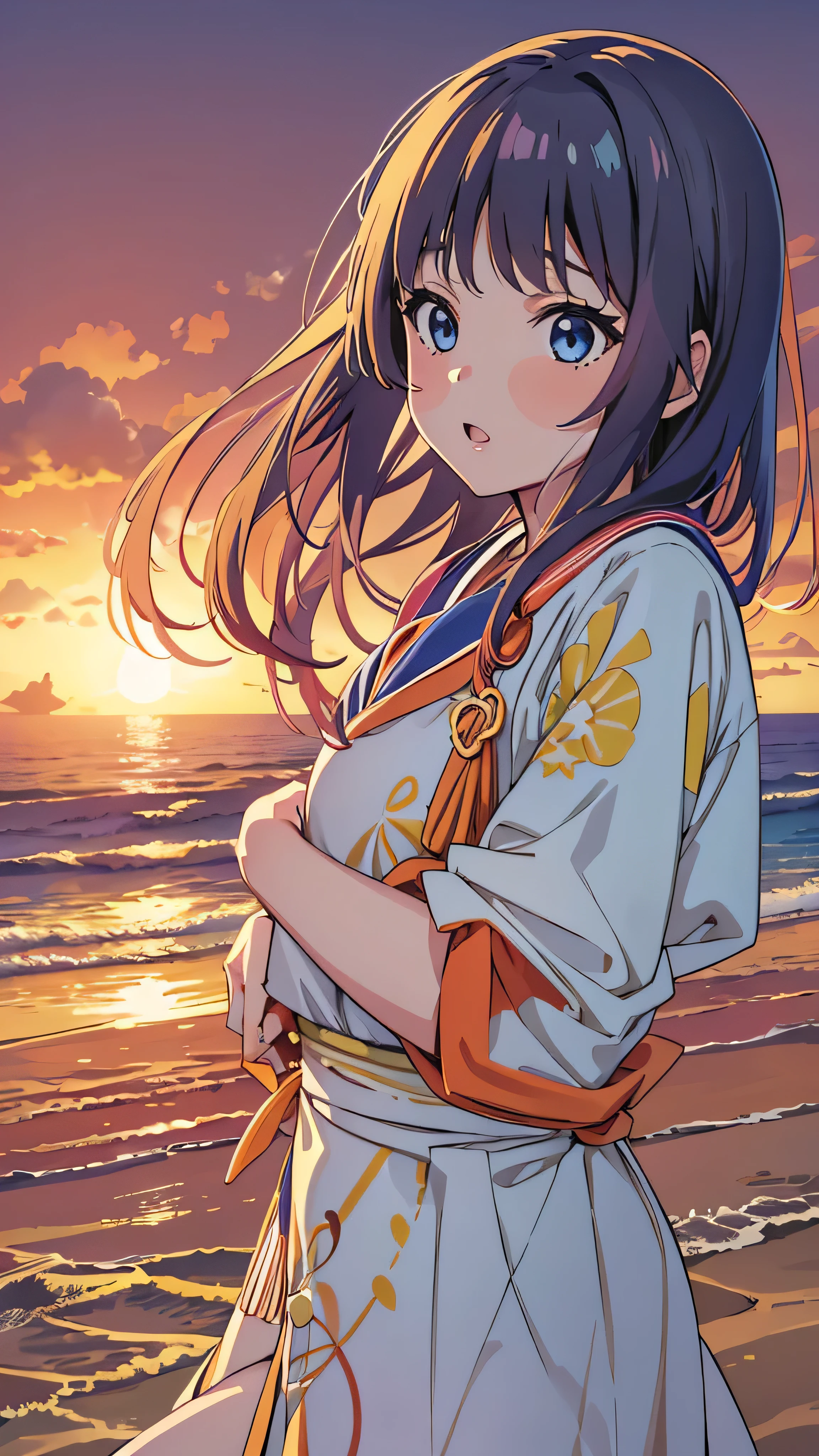  high-definition picture ， A Japanese woman who loves idols  ,  long hair ,  straight hair  , Round face ,  face details , blue sailor suit , As shown in the picture , Golden sand beach at sunset 
