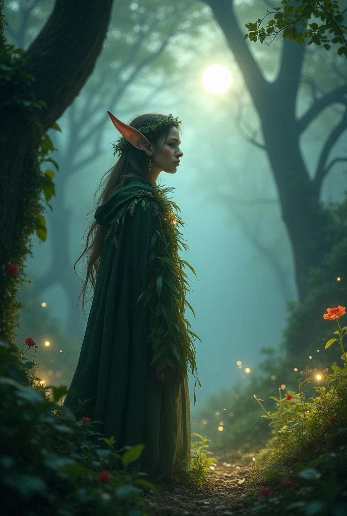 A magical elf in an enchanted realm, surrounded by mist and soft light, with ancient trees and mysterious flowers faintly glowing under the moonlight. The elf has pointed ears, sparkling eyes, and a cloak made of leaves and moss, with ethereal details that seem to float. Small orbs of light dance around, illuminating a secret path through the forest. The atmosphere is mysterious and enigmatic, with a sense that the elf is the guardian of a magical secret, in complete harmony with the enchanted world around them."