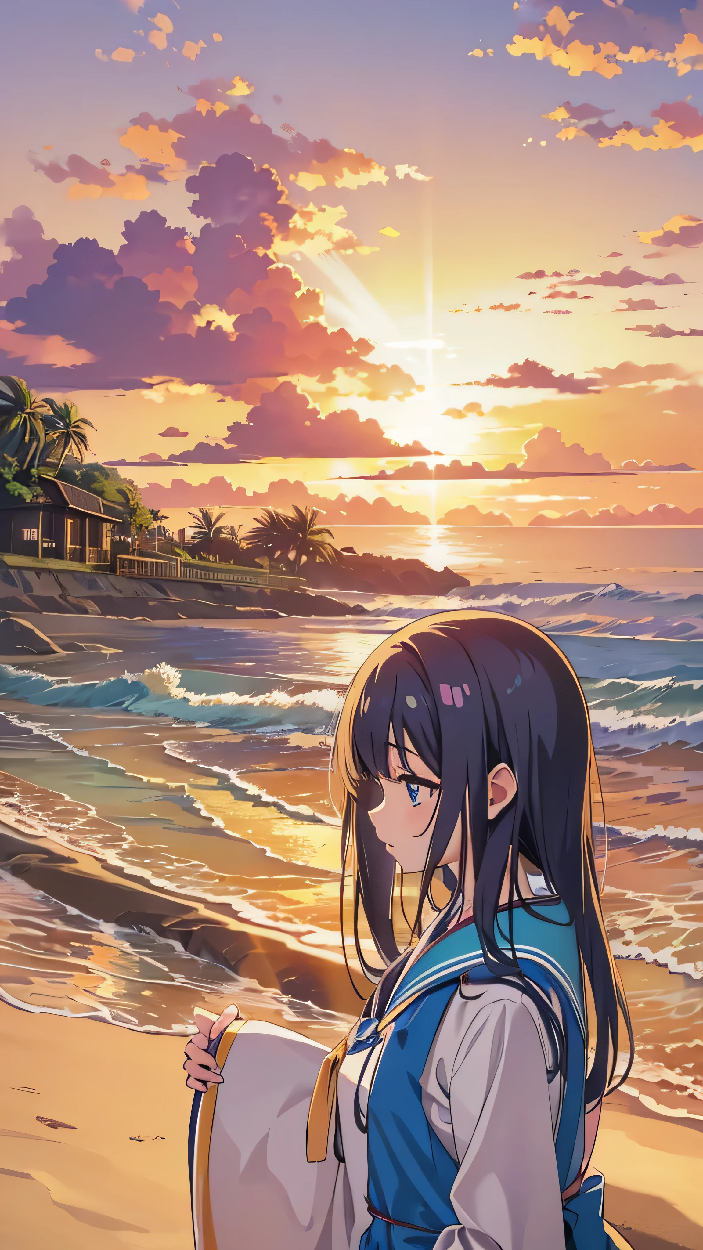  high-definition picture ， A Japanese woman who loves idols  ,  long hair ,  straight hair  , Round face ,  face details , blue sailor suit , As shown in the picture , Golden sand beach at sunset 
