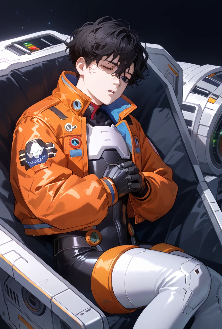 1 boy, male, masterpiece, anatomically correct,short hair, black hair, curly hair, hair between eyes, bright pupils, ringed eyes, black eyes, gradient eye color, orange jacket, pilot jacket, crop jacket, closed jacket, black bodysuit, android, cyberpunk, white legs, mecha, thigh highs, white boots, 8k, ultra detailed, cinematic lighting, dramatic shadows, white chestplate, vibrant colors, futuristic, intricate details, sharp focus, cinematic composition, astro boy, juno (overwatch), anime boy, robot boy, unconscious, sleepy, knocked out, closed eyes, parted lips