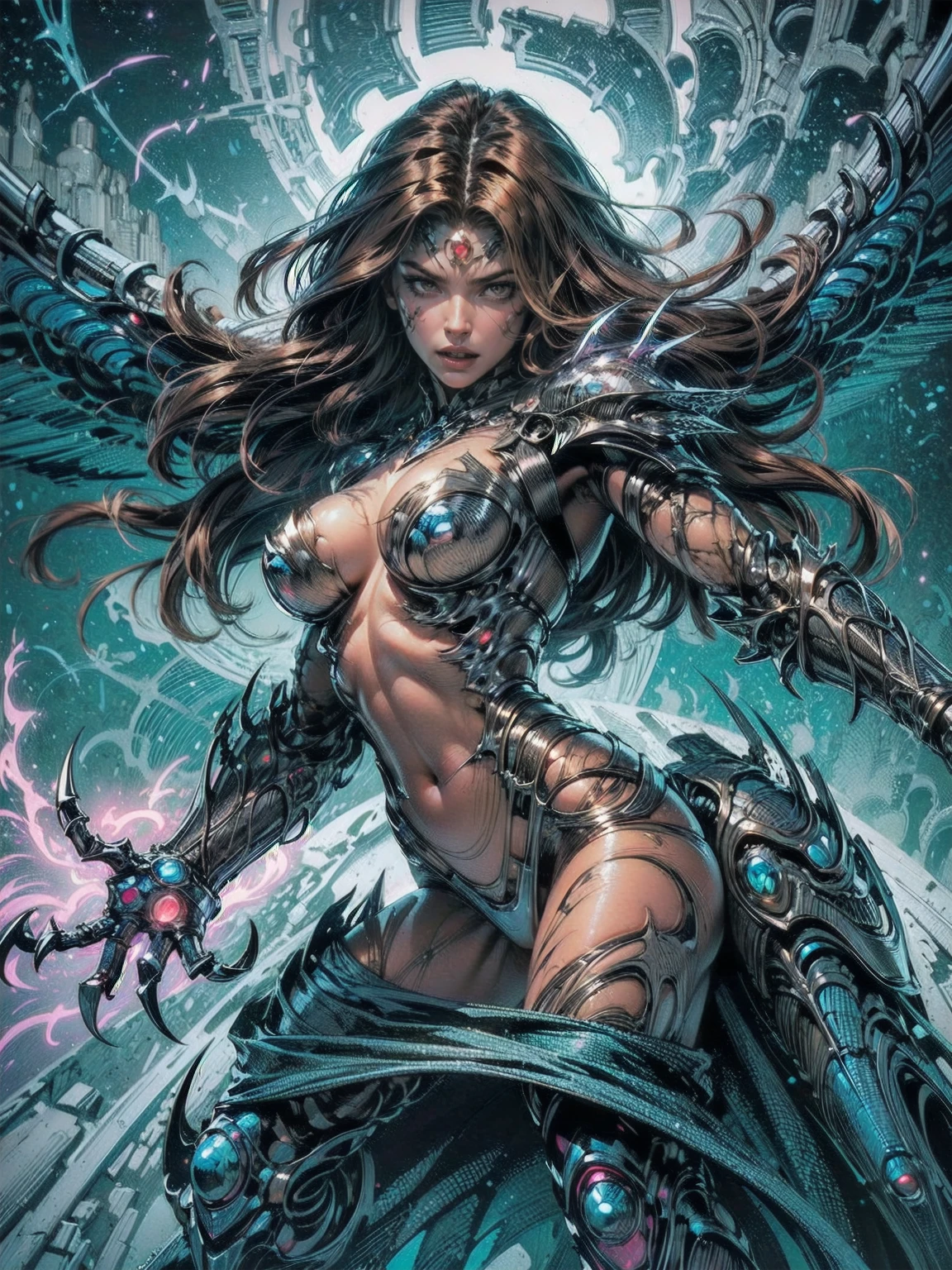 A dynamic and powerful depiction of a female warrior inspired by the Witchblade aesthetic. She has long flowing brown hair and wears an intricate, organic armor that fuses with her skin, glowing with mystical energy. Her pose is confident and commanding, showcasing her supernatural gauntlet-like weapon, which extends into sharp, otherworldly claws. The armor is adorned with sharp edges, bio-mechanical designs, and glowing patterns, emphasizing both elegance and menace. Her eyes glow faintly, hinting at her immense power. The background is stark white, allowing every detail of her form and armor to stand out clearly, creating a striking contrast. upper body, 