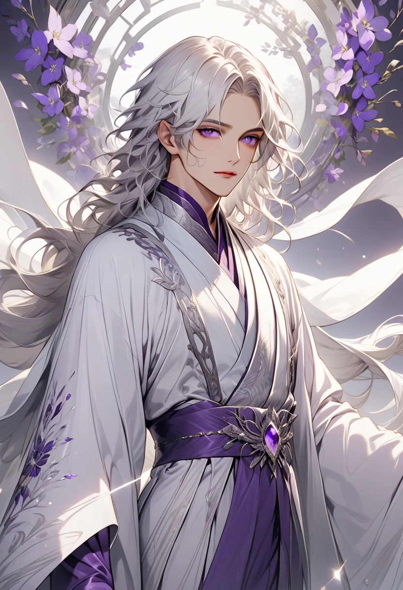 A effeminate man, long, flowing silver-white hair, They possess delicate features and violet eyes that exude elegance and subtle seduction, Refined presence, Flowing purple and silver robe with intricate embroidery, Shimmering and shining attire
