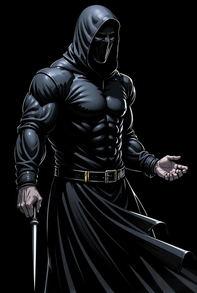 Illustration, masterpiece, portrait of a black executioner, huge, muscular, black clothes, black mask, a needle in his right hand, very dark, horrific, high resolution, high definition, comics drawing with ink and watercolor, on black paper, black background, American comics, many details, black and white, neon, dark shadows