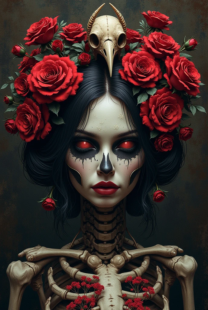 a woman with a skeleton face and roses in her hair, highly detailed dark art, gothic art style, dark art style, by Eddie Mendoza, gothic art, in style of dark fantasy art, dark but detailed digital art, elegant horror artwork, female face skull phoenix bird, goddess of death, macabre art, scary detailed art in color, adorned with demon skulls, todd mcfarlane art, comicbook art, 