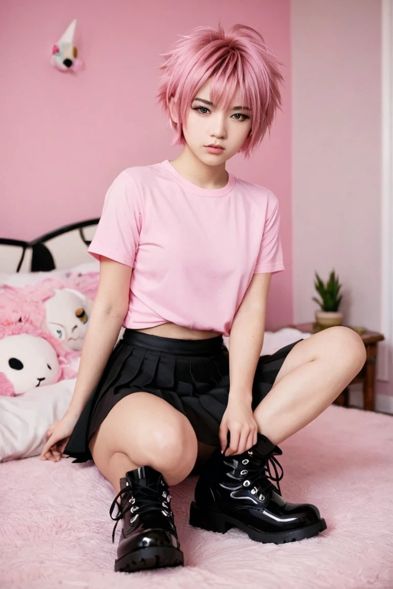 Girl, fluffy pink boy cut hair, alternative, black spike boots, pink top, black skirt, bedroom in background