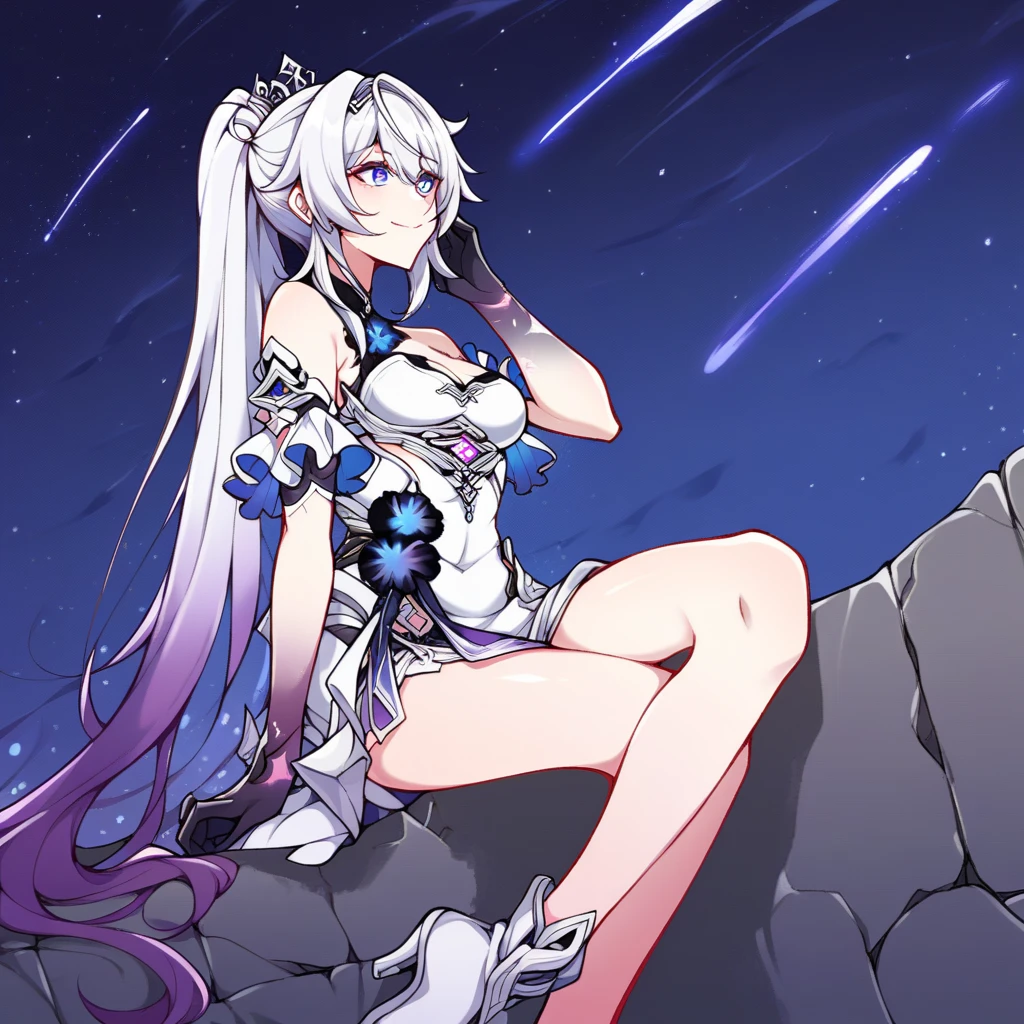 score_9_up, score_8_up, score_7_up, source_anime, 1girl, solo, Kiana, Hofi_Def, cosmos, night sky, sitting on stone ledge, looking up at sky, shooting star, hand in hair, hand up, gentle smile, closed mouth, from below, foreshortening, face focus, white footwear, high heels, kiana kaslana, white hair, very long hair, purple hair, ponytail, blue eyes, star-shaped pupils, symbol-shaped pupils, crown, jewelry, gem, white dress, sleeveless dress, cleavage cutout, halterneck, black flower, open skirt, black gloves, white skirt, bare shoulders, purple inner skirt, clothing cutout, detached sleeves, frilled sleeves, short sleeves, mature body, dynamic cowboy shot, outdoors, 