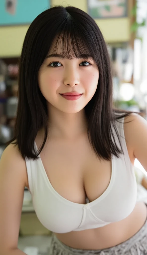  One Girl , smiling girl，girl wearing micro bra, Masterpiece,  top quality,  top quality, (  front light :1.3), ( photorealistic:1.3),  natural light,  very detailed CG unity 8k wallpaper, Concentrated, 8k wallpaper,  very detailed,  super real ,  photorealistic,  sharp concentration, absurdres, ( high definition:1.2), ( high contrast),  photos by Miwaka, Detailed and complex ,  Instagram ,  Portrait,  very detailed,  digital paint,  art station ,  concept art , smooth,  sharp concentration,  illustration, (whole body:1.5), ( big breasts:1.3), (( Watching Viewers )), (( slender body)),  ideal body shape, (( anatomically correct:1.3)),  sexual description  ,((( low angle shot、Biologically correct images、 staring at the camera  :1.22,   lean forward  , Relaxed