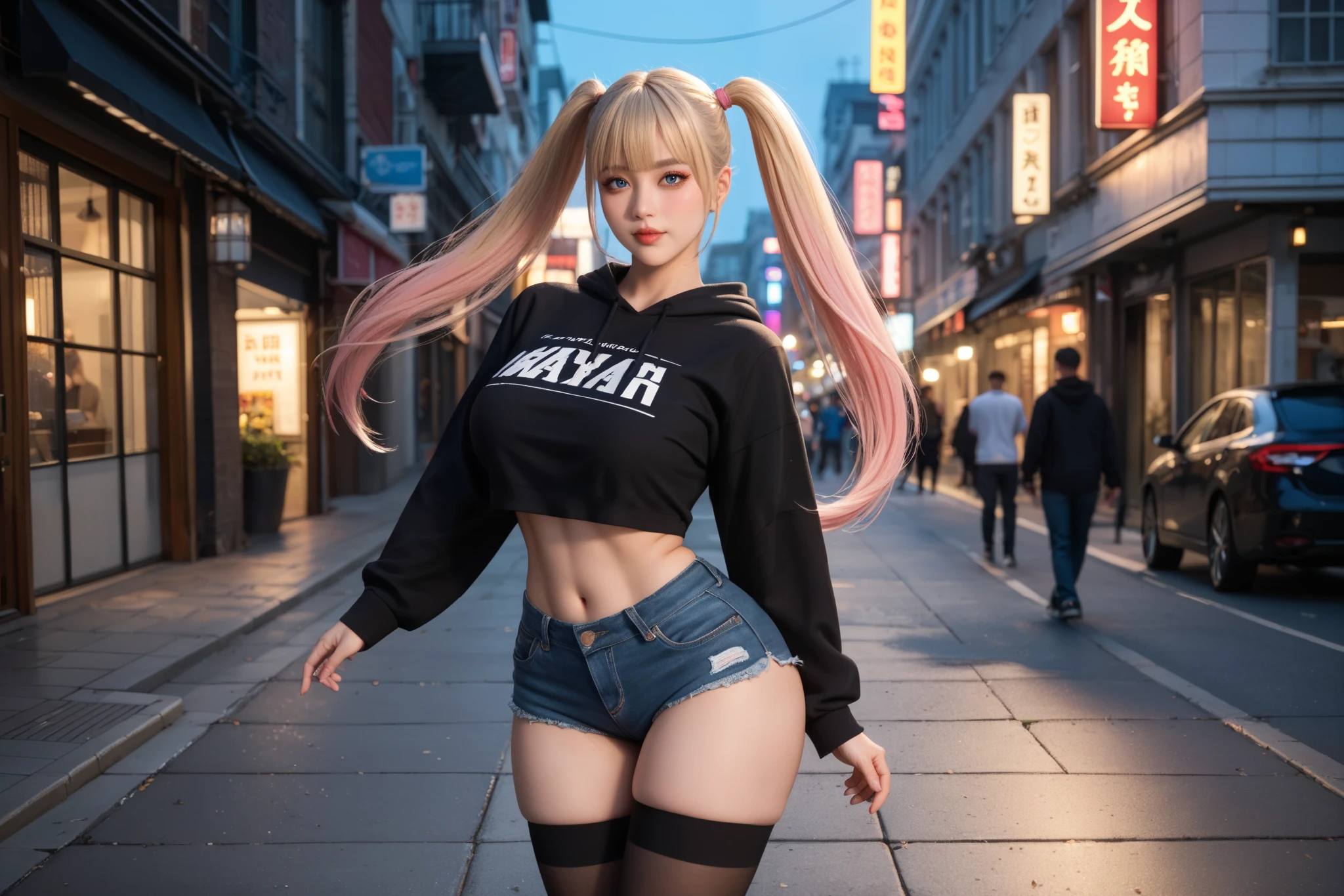 1girl, (Blue Eyes), smiling, (Sana Minatozaki), wide hips, Big Boobs, big ass, (Best Quality, 8k, Masterpiece: 1.3), Clear Focus: 1.2, Perfect Body Beauty: 1.4 , Slender Abs: 1.2, Highly detailed face and skin texture, detailed eyes, double eyelids, (blonde twintails hair), (black leggings with pink patterns :1.2), (T-shirt), standing, look back, on a bridge, city in background