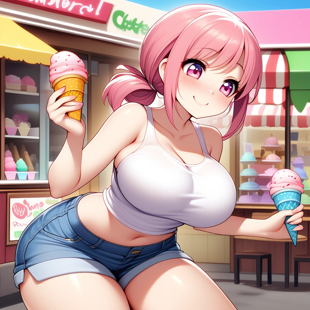  A girl,  with pink hair tied in two marias-chiquinhas, vibrant pink eyes ,  fair skin ,  big boobs,  fine winding,  wide hips , wearing casual summer clothing ,  being a white tank top and denim shorts ,  in front of a pink and purple ice cream store ,  with a cheerful and cute expression .